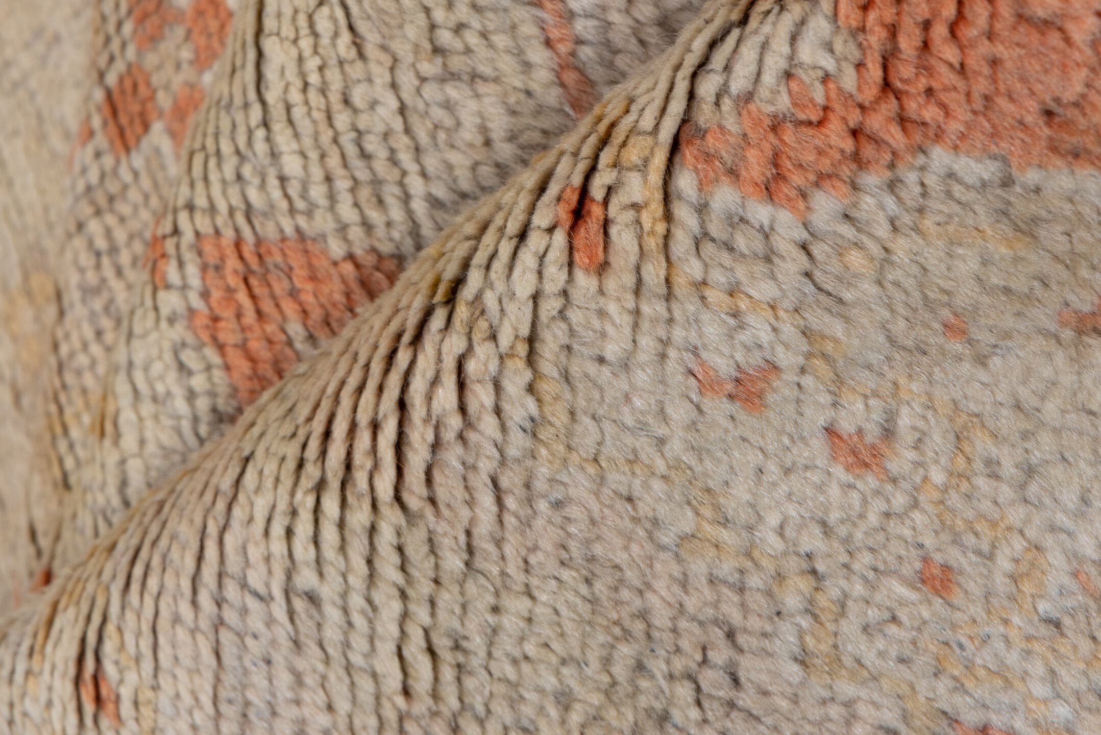 9' x 13' one-of-a-kind handmade antique Oushak large size rug. Color palette: ivory, terra cotta, cream, peach, beige