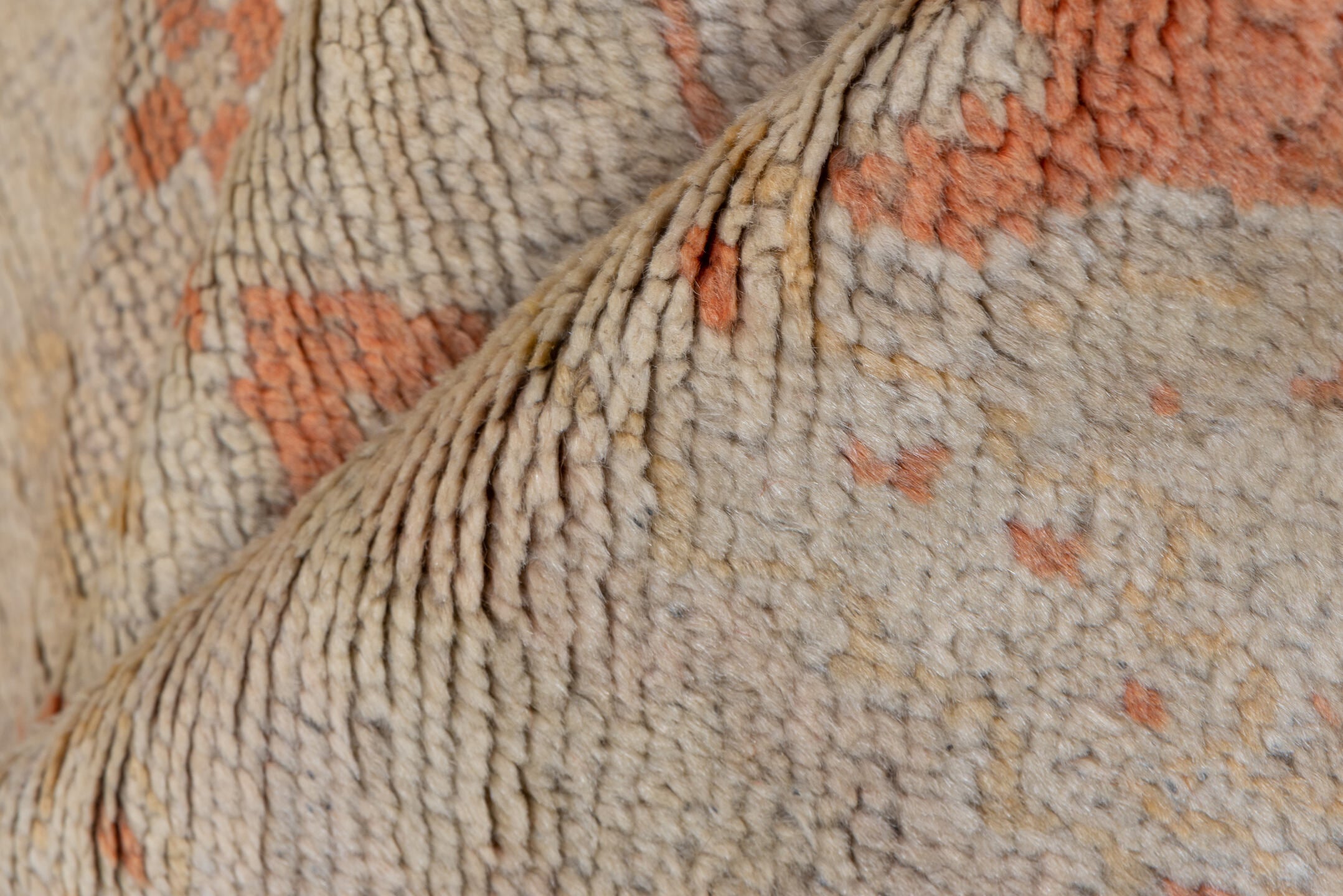 9' x 13' one-of-a-kind handmade vintage Oushak large size rug. Color palette: brown, gray, off-white, orange, pink, snow