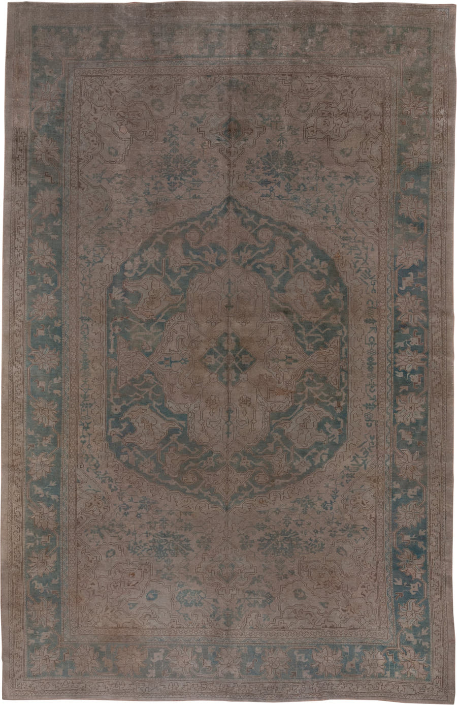 10' x 15' one-of-a-kind handmade antique Oushak rug. Color palette: taupe, dusty blue, beige, ivory, gray, camel, blue