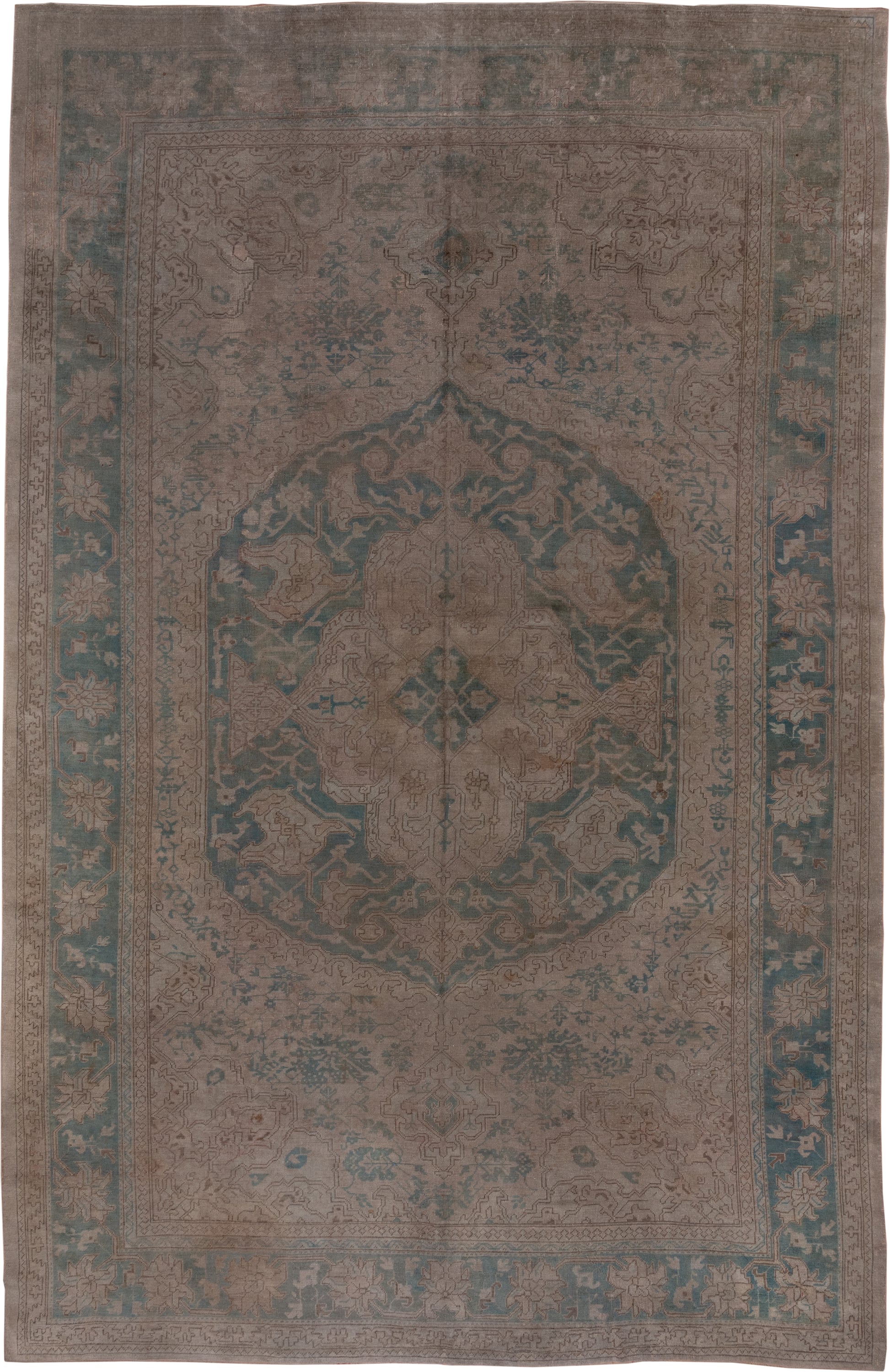 10' x 15' one-of-a-kind handmade antique Oushak rug. Color palette: taupe, dusty blue, beige, ivory, gray, camel, blue