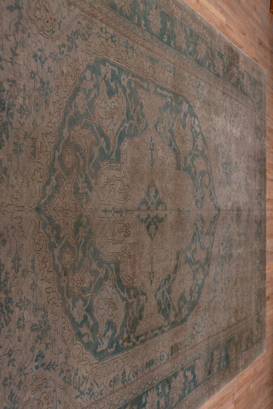 10' x 15' one-of-a-kind handmade antique Oushak rug. Color palette: taupe, dusty blue, beige, ivory, gray, camel, blue