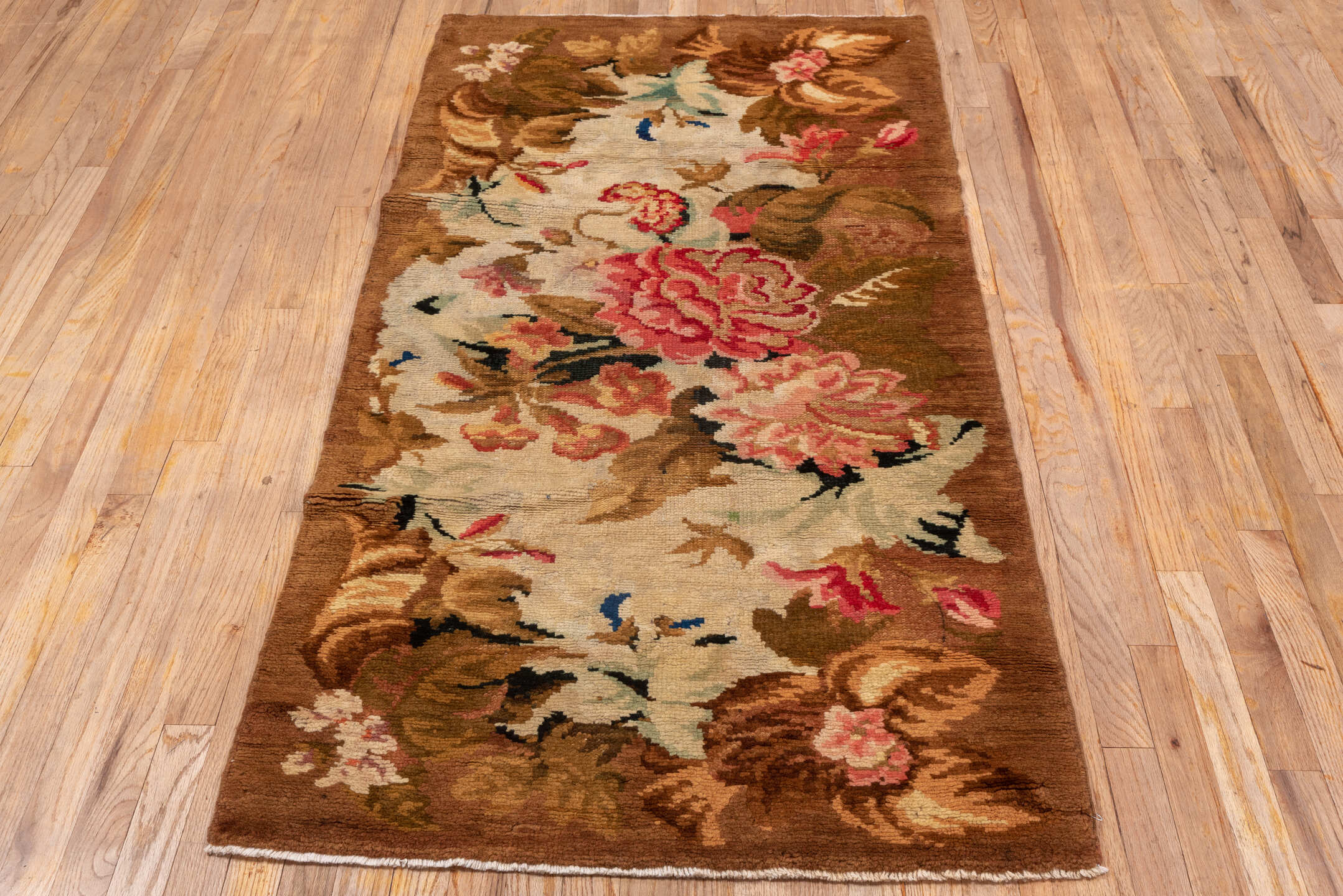 3' x 6' one-of-a-kind handmade antique Axminister runner rug. Color palette: brown, ivory, camel, rose, taupe, olive