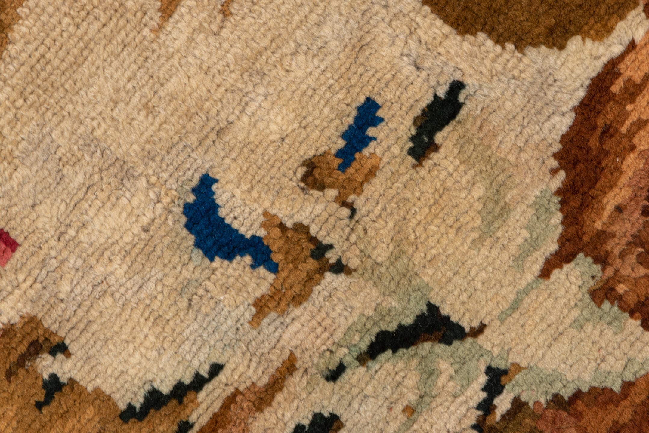 3' x 6' one-of-a-kind handmade antique Axminister runner rug. Color palette: brown, ivory, camel, rose, taupe, olive