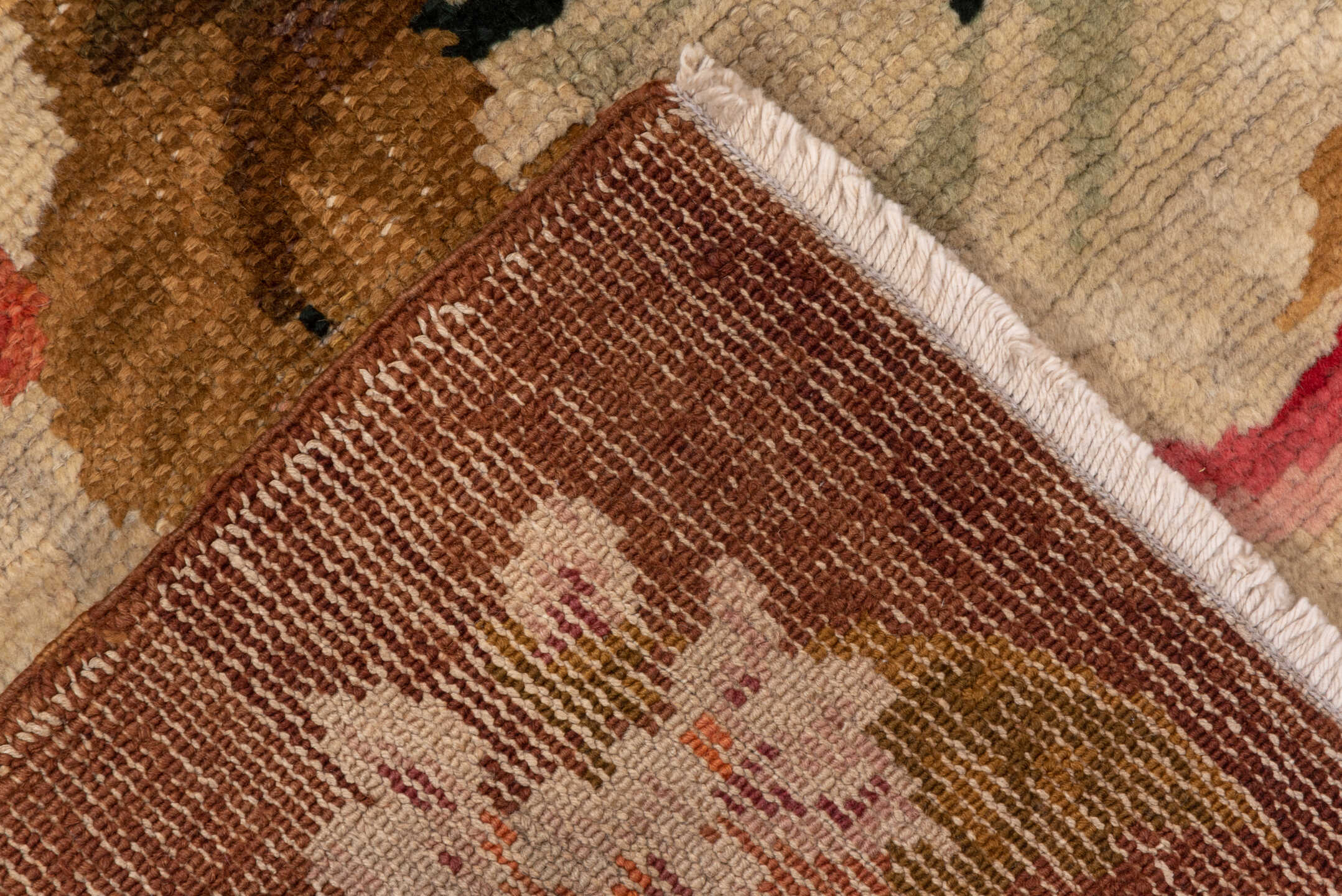 3' x 6' one-of-a-kind handmade antique Axminister runner rug. Color palette: brown, ivory, camel, rose, taupe, olive