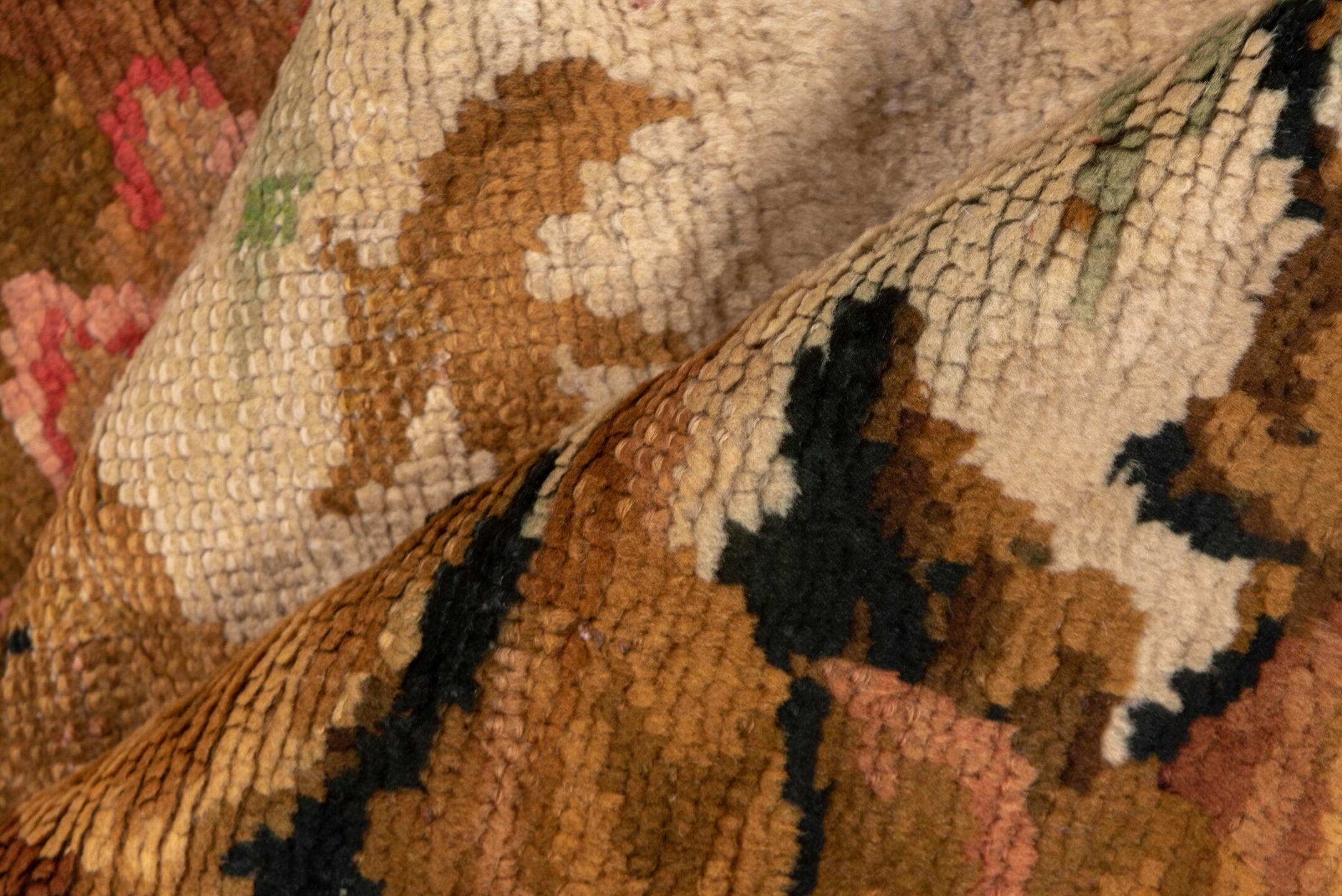3' x 6' one-of-a-kind handmade antique Axminister runner rug. Color palette: brown, ivory, camel, rose, taupe, olive