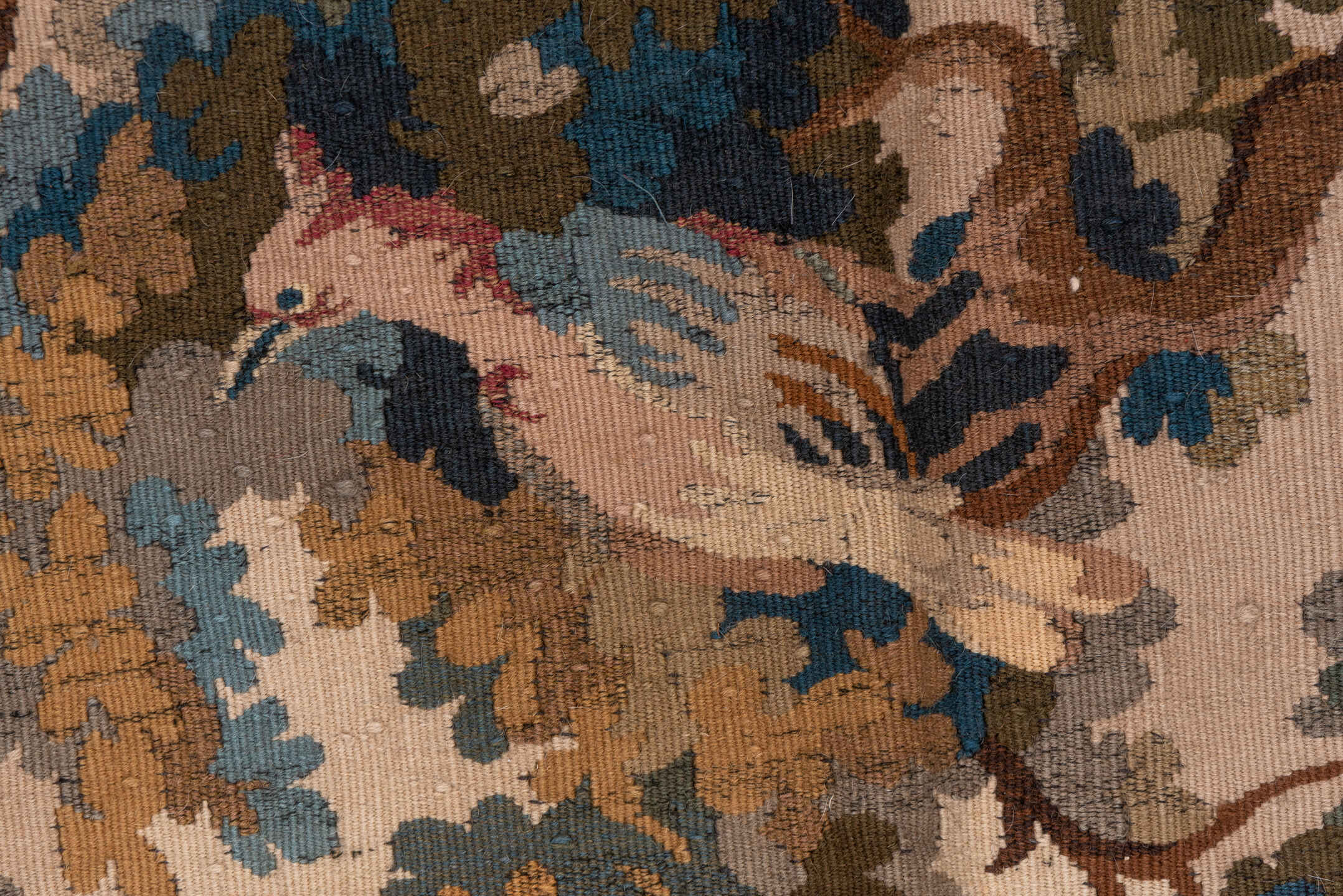 4' x 9' one-of-a-kind handmade antique Tapestry runner rug. Color palette: taupe, ivory, slate_blue, brown, camel, charcoal
