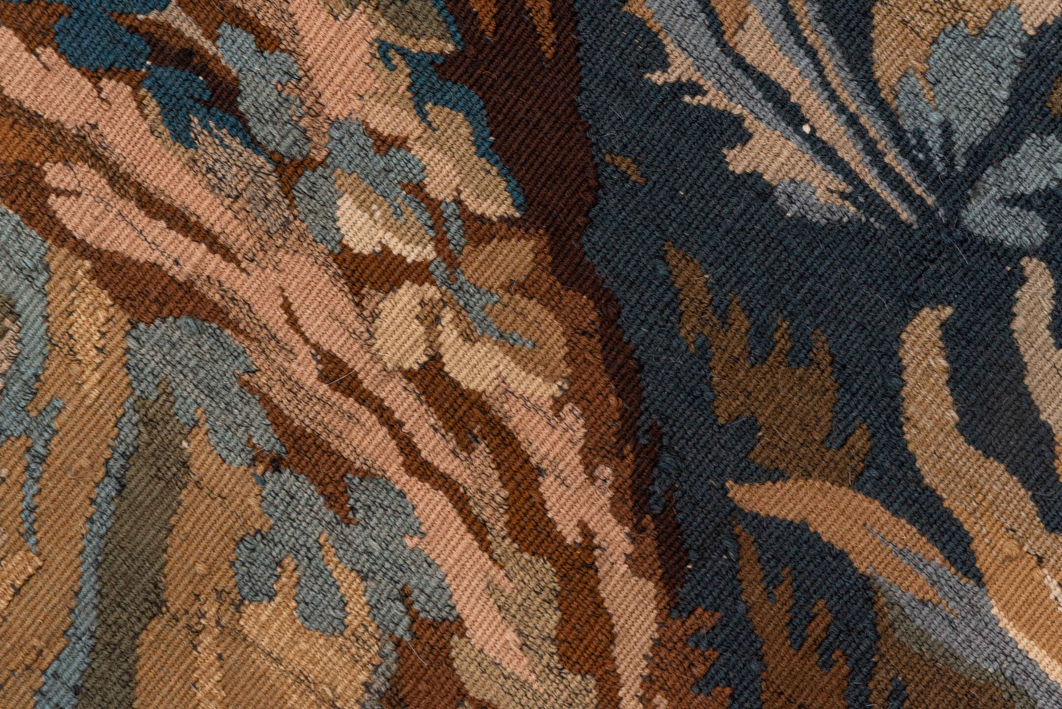 4' x 9' one-of-a-kind handmade antique Tapestry runner rug. Color palette: taupe, ivory, slate_blue, brown, camel, charcoal