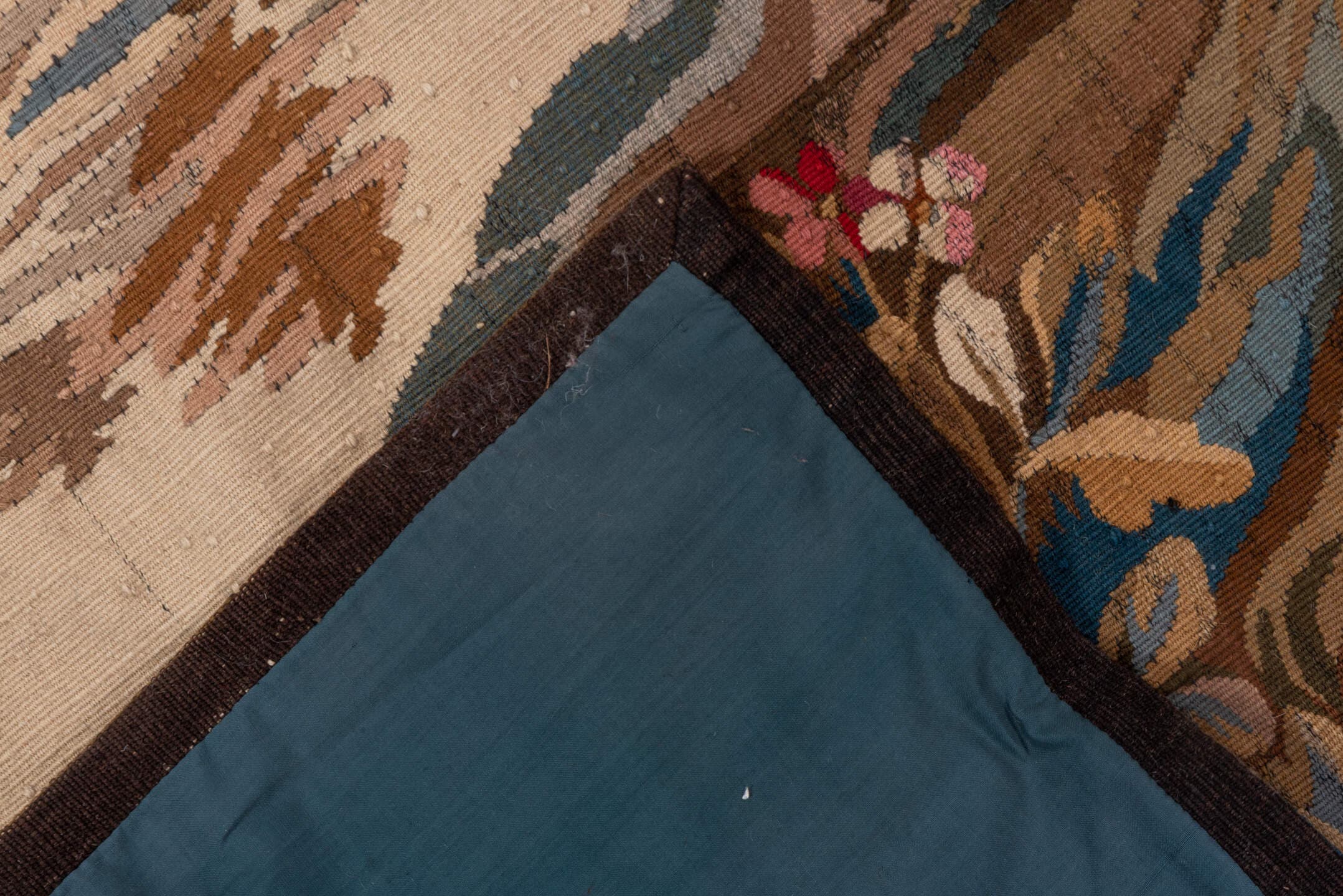 4' x 9' one-of-a-kind handmade antique Tapestry runner rug. Color palette: taupe, ivory, slate_blue, brown, camel, charcoal