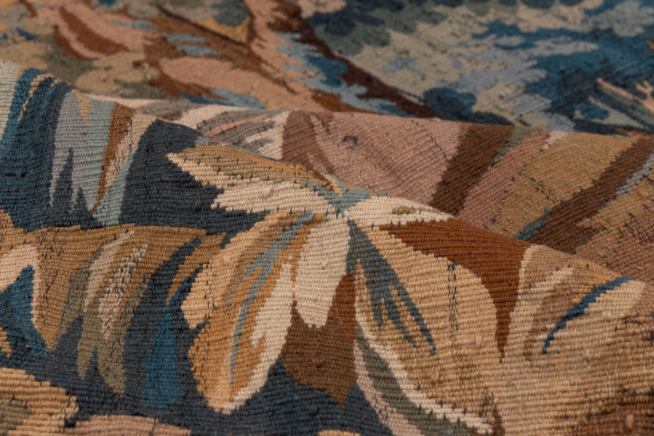 4' x 9' one-of-a-kind handmade antique Tapestry runner rug. Color palette: taupe, ivory, slate_blue, brown, camel, charcoal