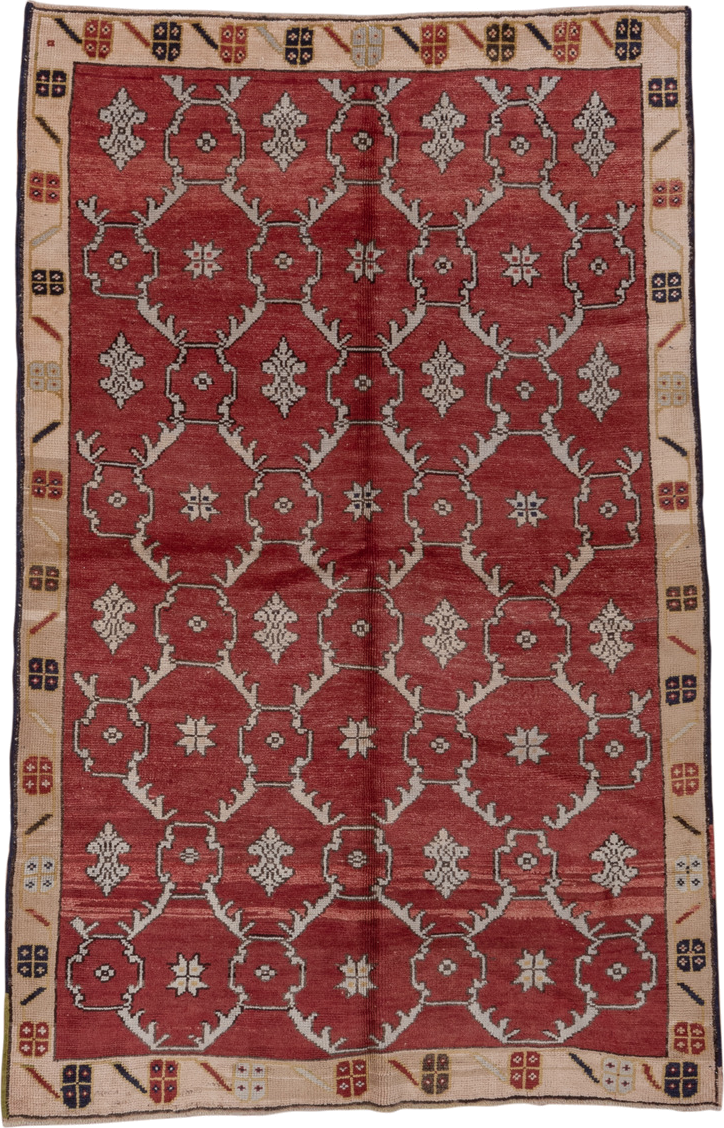 5' x 8' one-of-a-kind handmade vintage Oushak medium size rug. Color palette: terra cotta, ivory, charcoal, rust, taupe