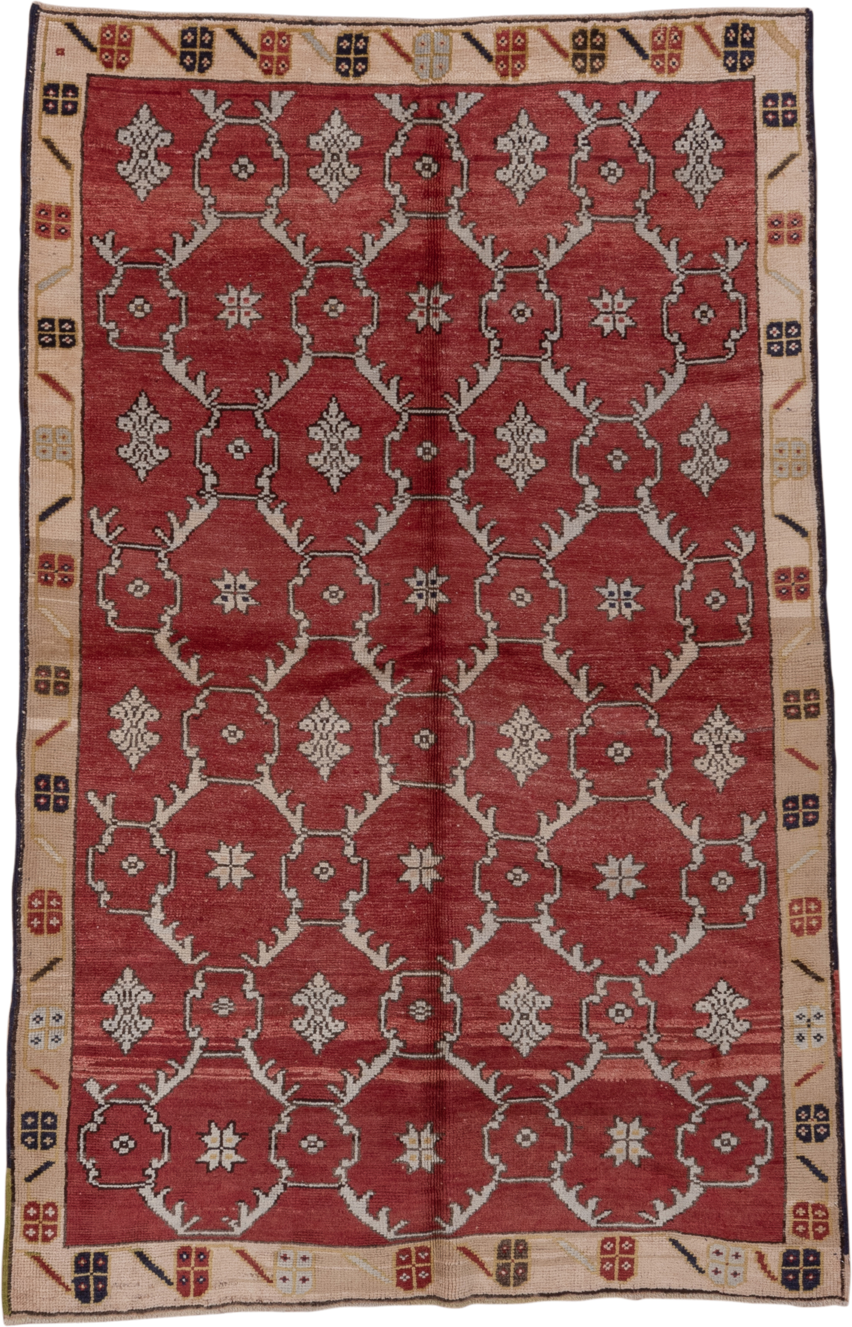 5' x 8' one-of-a-kind handmade vintage Oushak medium size rug. Color palette: terra cotta, ivory, charcoal, rust, taupe