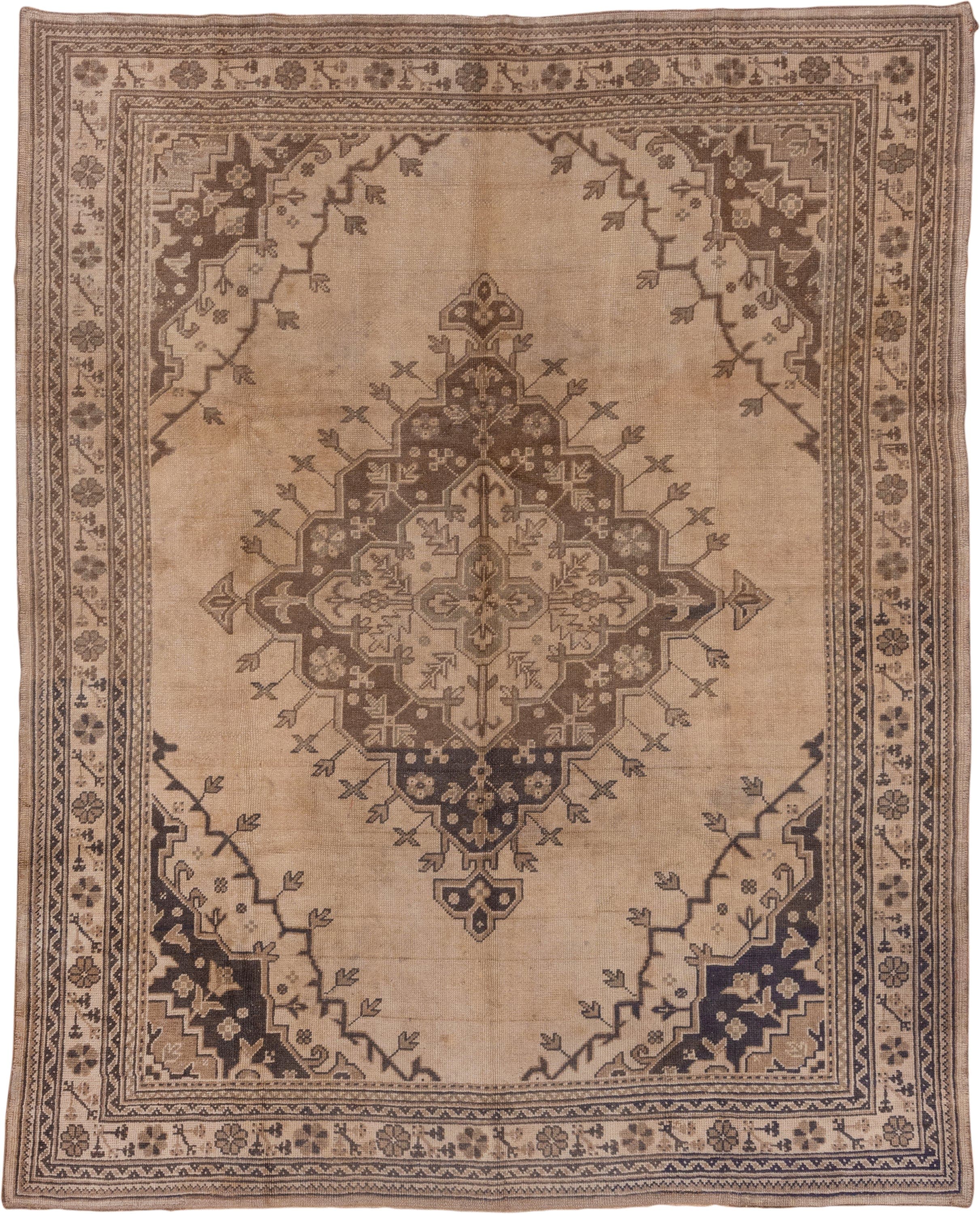7' x 9' one-of-a-kind handmade vintage Oushak rug. Color palette: beige, taupe, brown, ivory, charcoal, gray, black