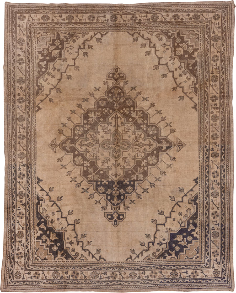 7' x 9' one-of-a-kind handmade vintage Oushak rug. Color palette: beige, taupe, brown, ivory, charcoal, gray, black