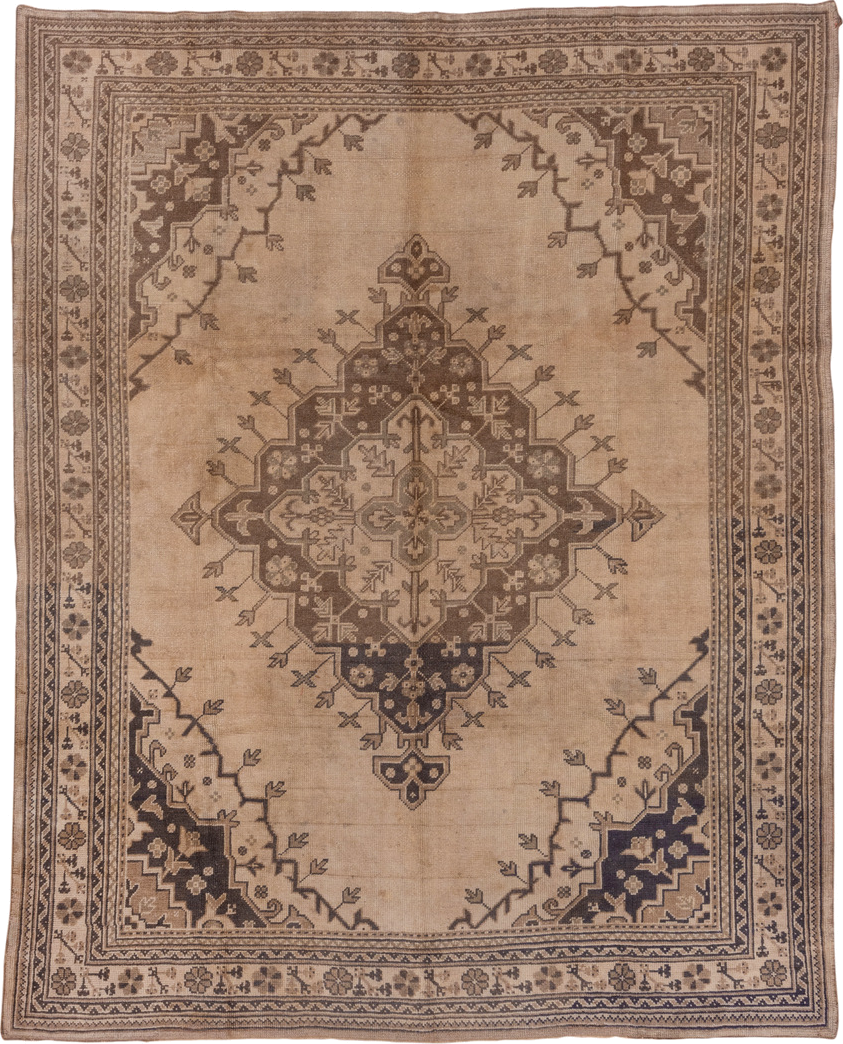 7' x 9' one-of-a-kind handmade vintage Oushak rug. Color palette: beige, taupe, brown, ivory, charcoal, gray, black