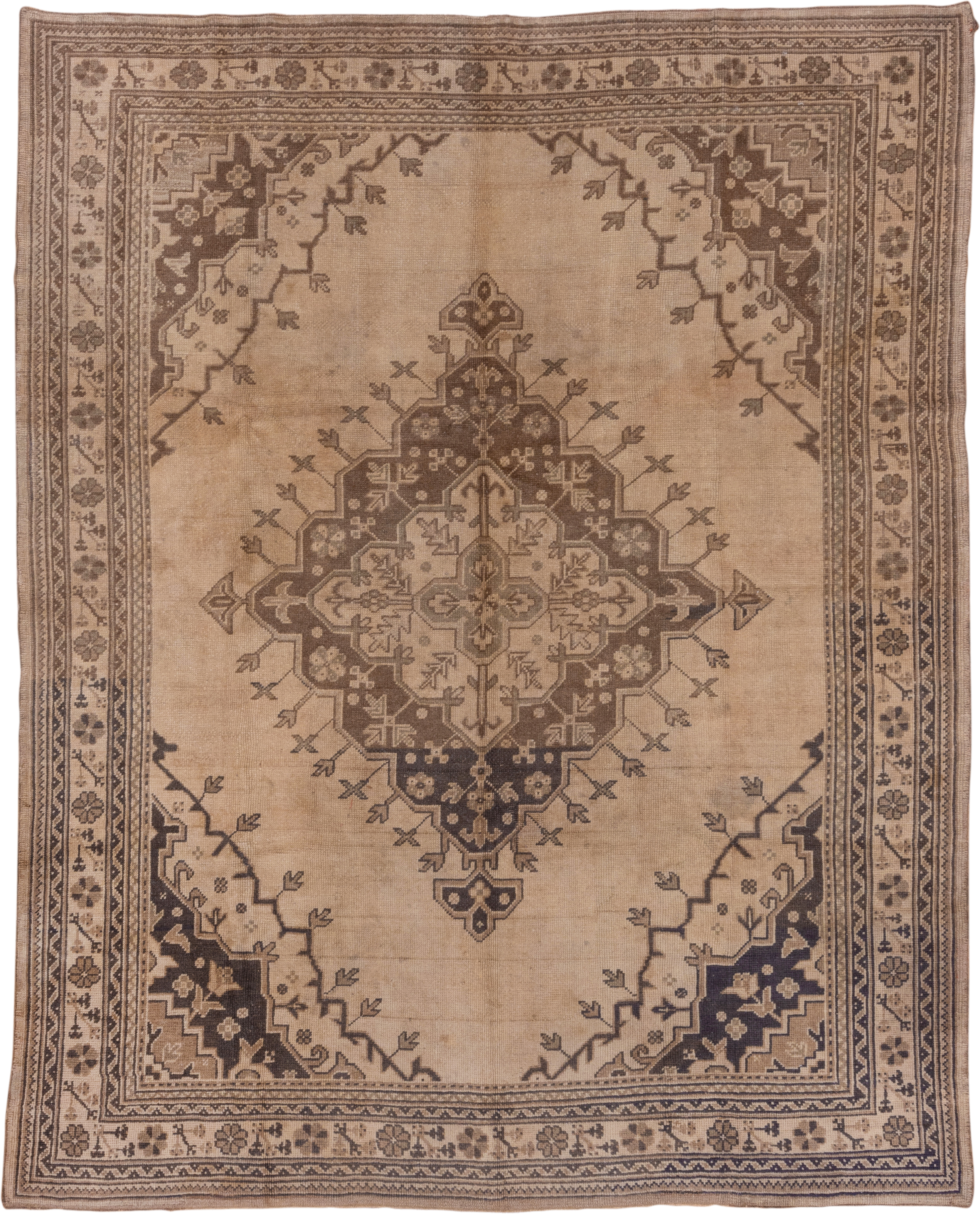 7' x 9' one-of-a-kind handmade vintage Oushak rug. Color palette: beige, taupe, brown, ivory, charcoal, gray, black
