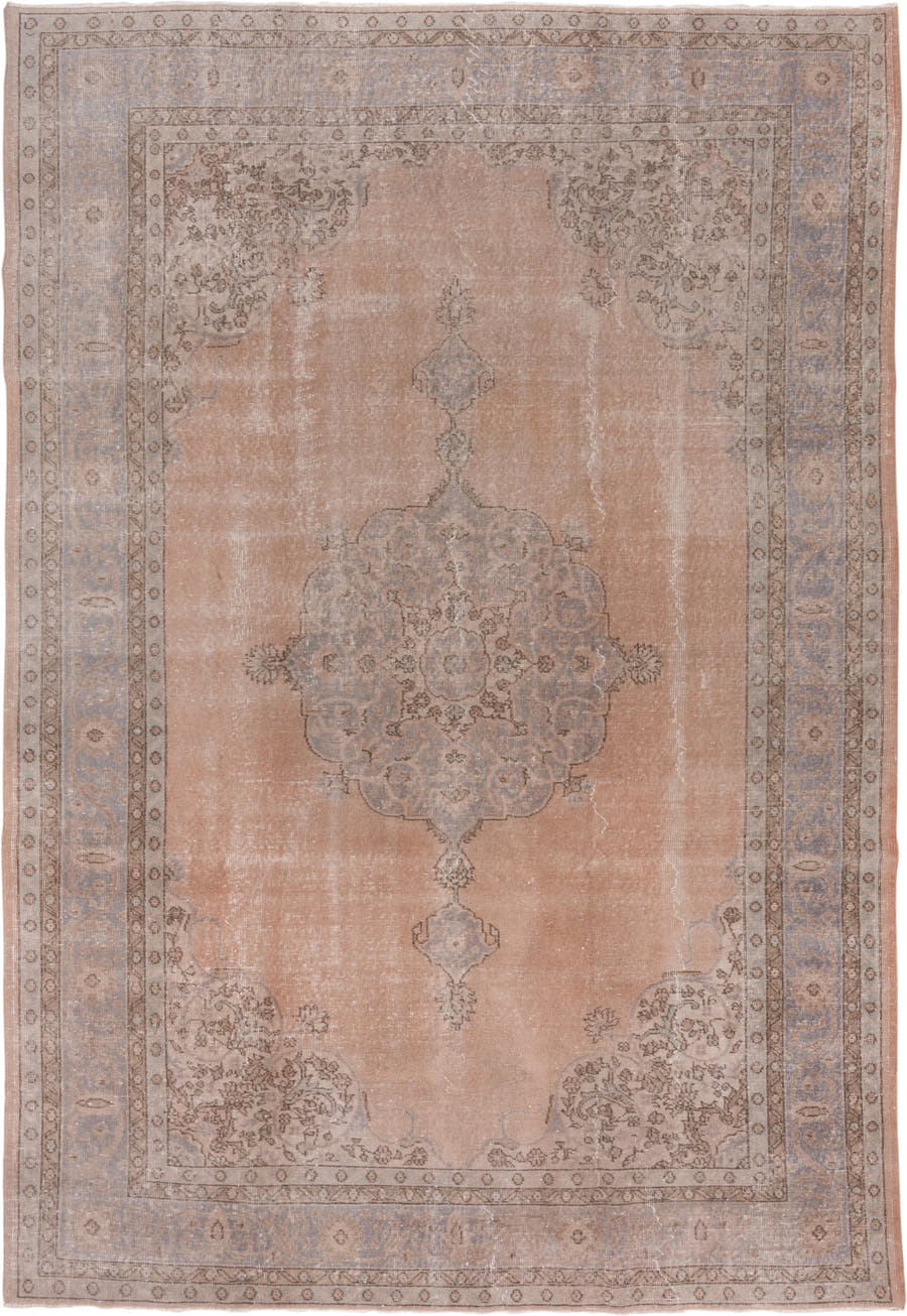 7' x 10' one-of-a-kind handmade vintage Oushak large size rug. Color palette: blush, pale blue, ivory, taupe, beige