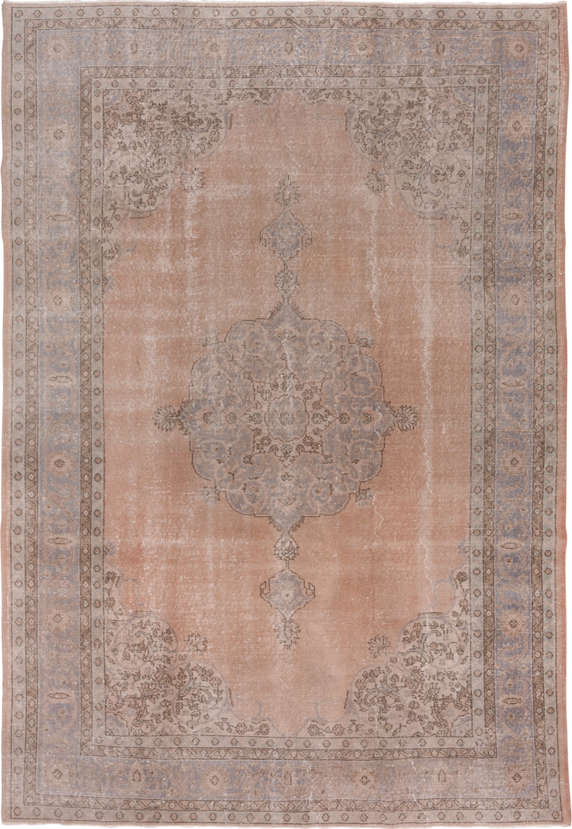 7' x 10' one-of-a-kind handmade vintage Oushak large size rug. Color palette: blush, pale blue, ivory, taupe, beige