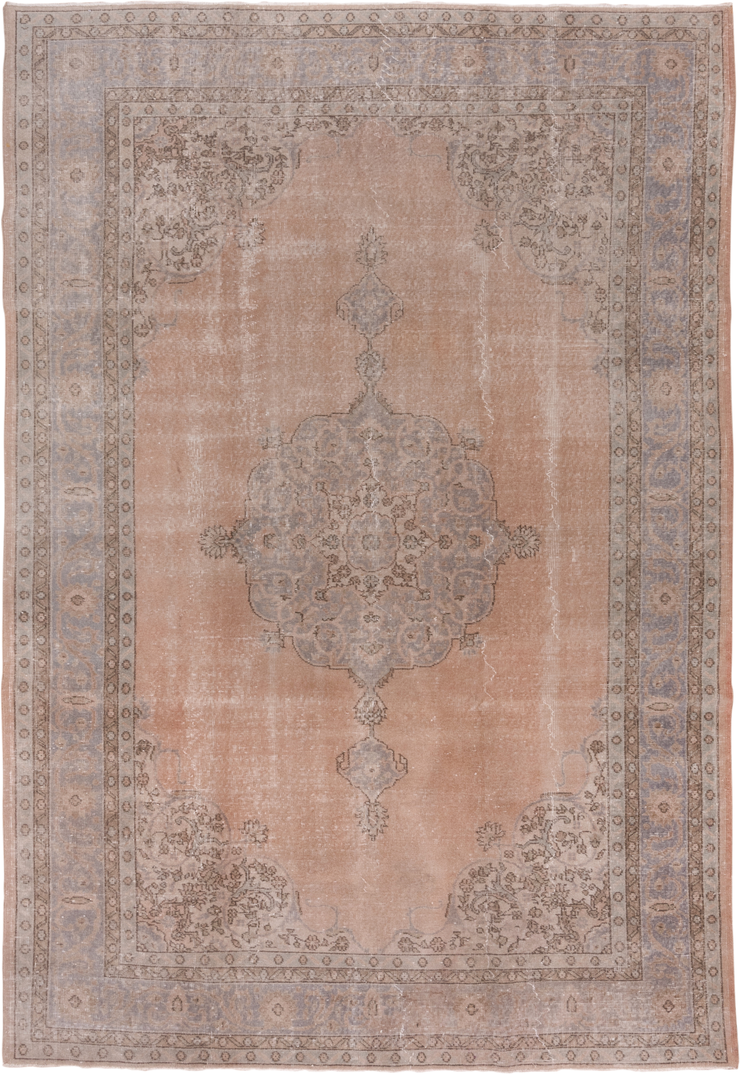 7' x 10' one-of-a-kind handmade vintage Oushak large size rug. Color palette: blush, pale blue, ivory, taupe, beige