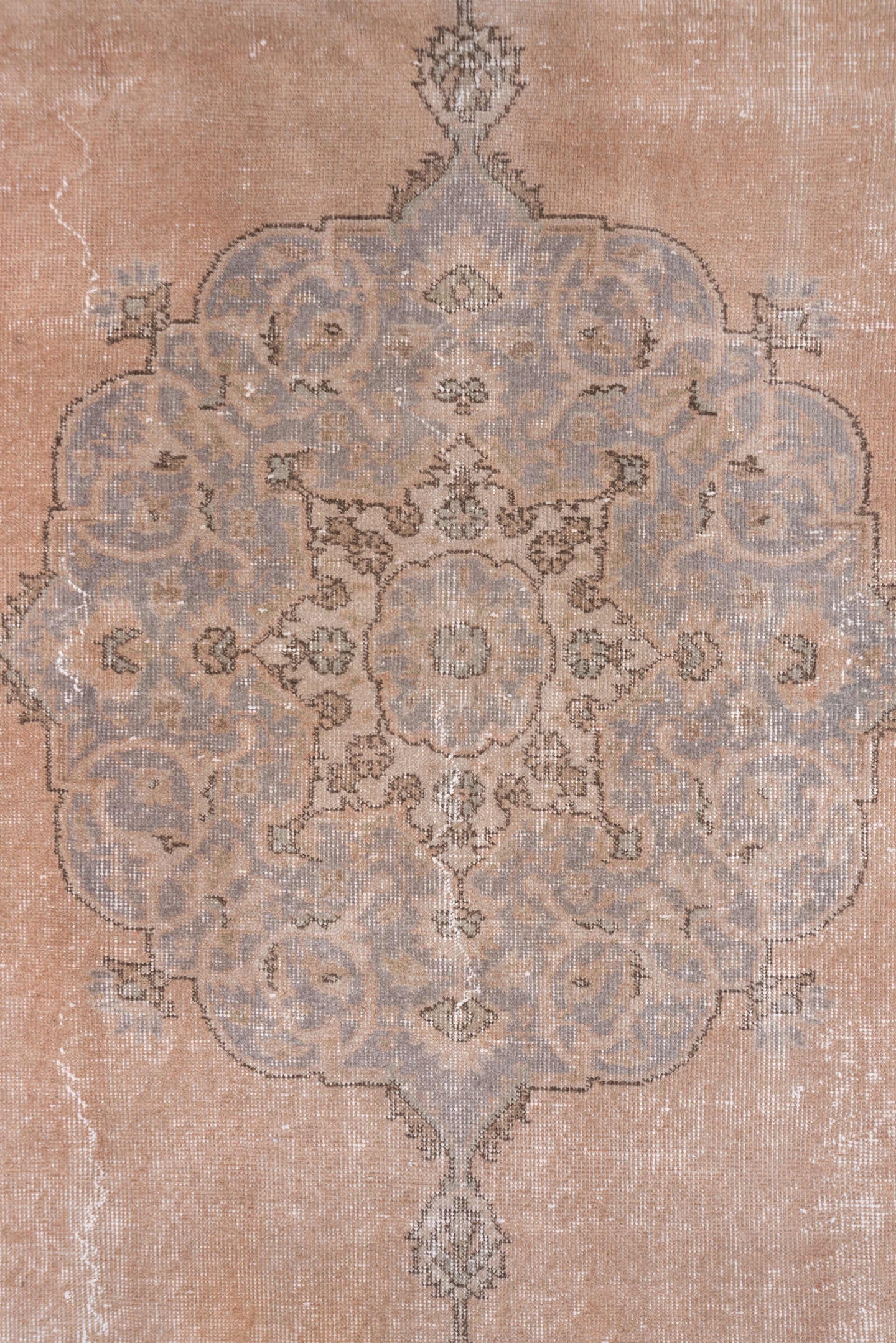 7' x 10' one-of-a-kind handmade vintage Oushak large size rug. Color palette: blush, pale blue, ivory, taupe, beige