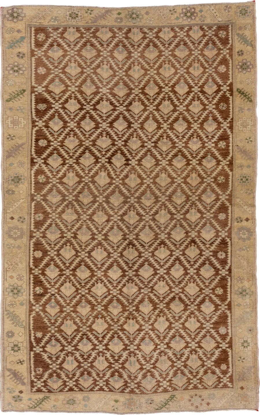 5' x 8' one-of-a-kind handmade vintage Oushak medium size rug. Color palette: brown, ivory, beige, sage, taupe, camel, green