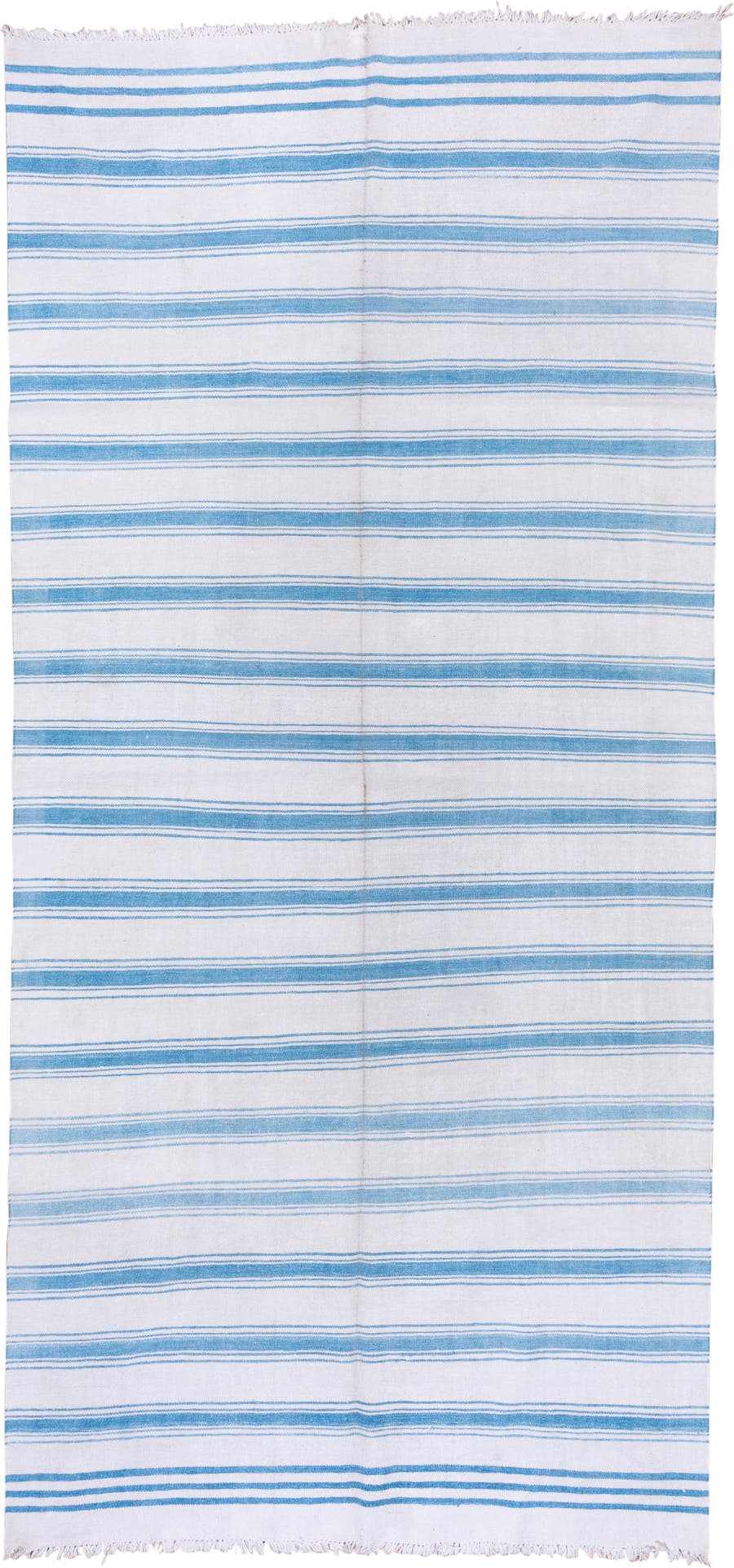 6' x 13' one-of-a-kind handmade vintage Dhurrie large size rug. Color palette: ivory, sky_blue, light blue