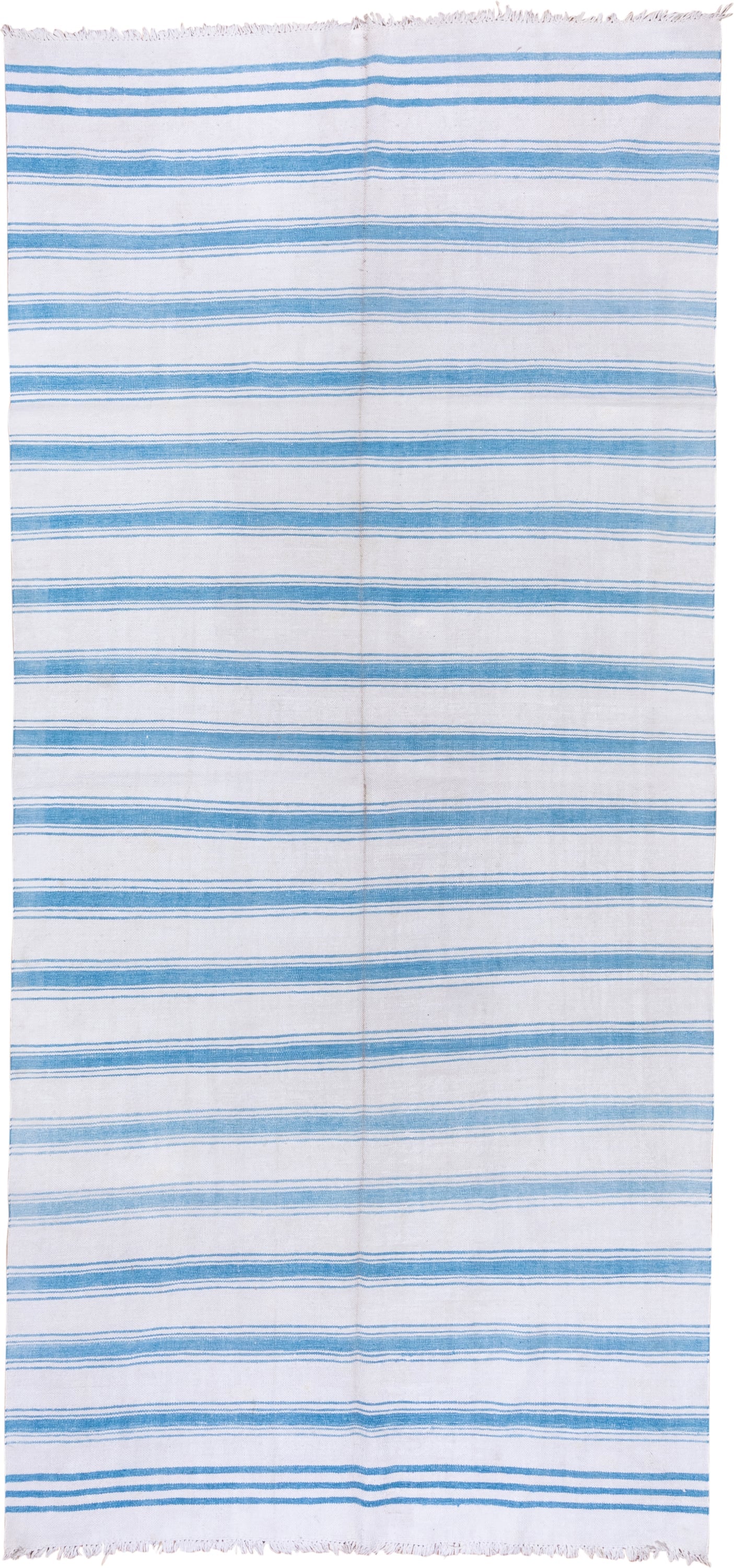 6' x 13' one-of-a-kind handmade vintage Dhurrie large size rug. Color palette: ivory, sky_blue, light blue