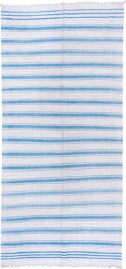 6' x 13' one-of-a-kind handmade vintage Dhurrie large size rug. Color palette: ivory, sky_blue, light blue