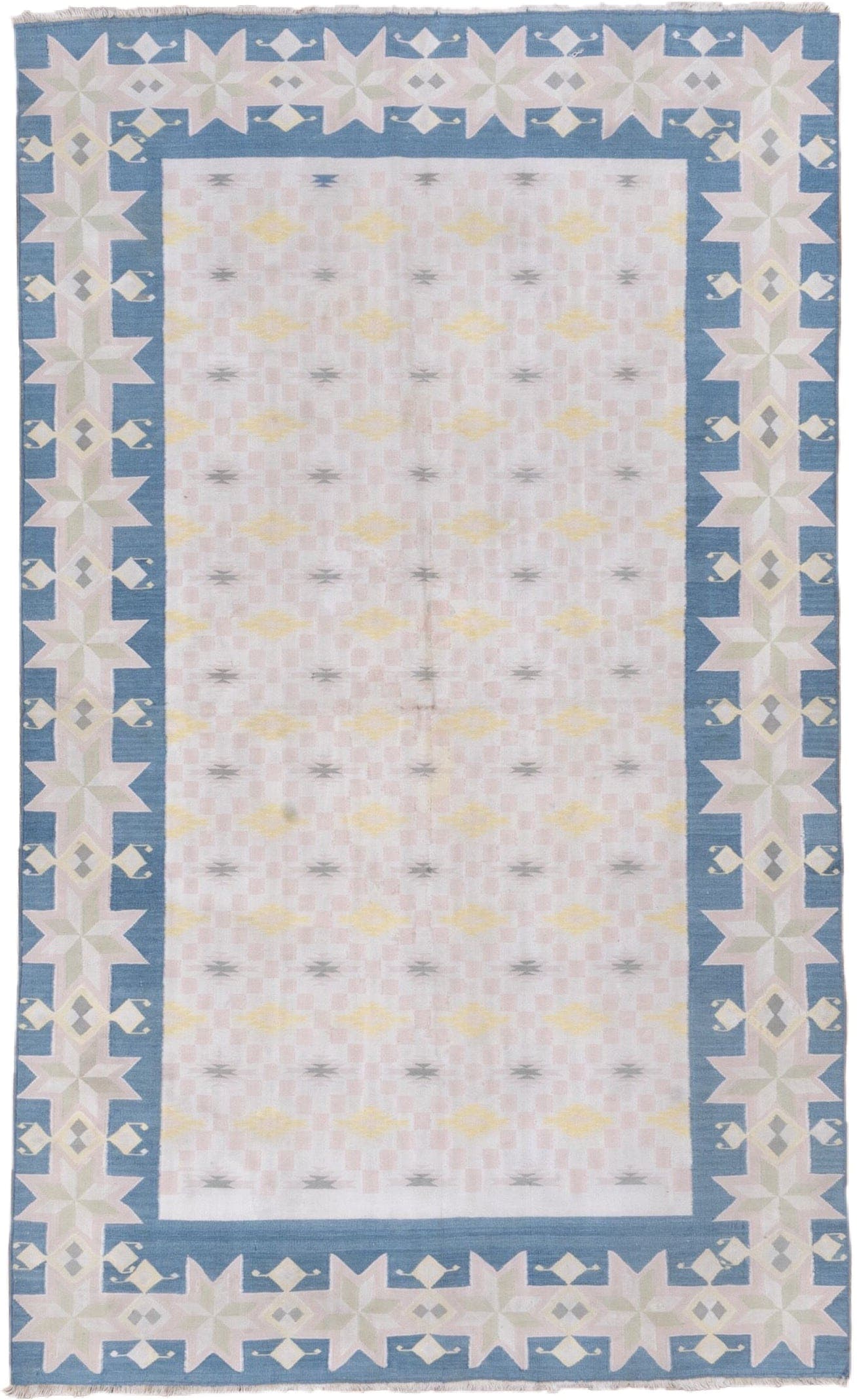4' x 6' one-of-a-kind handmade vintage Cot Dhurrie small size rug. Color palette: blush, sky blue, ivory, pale yellow, gray