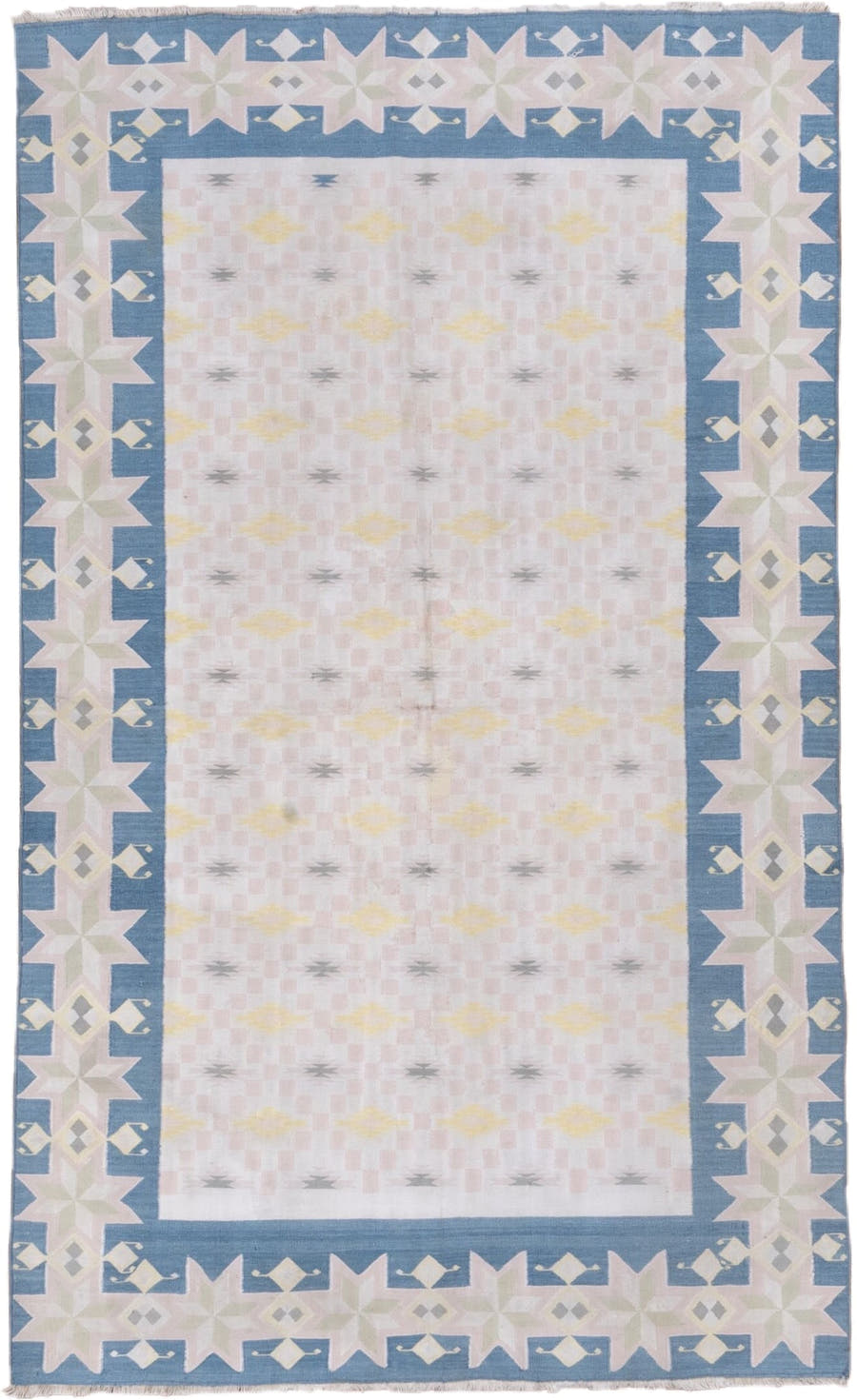 4' x 6' one-of-a-kind handmade vintage Cot Dhurrie small size rug. Color palette: blush, sky blue, ivory, pale yellow, gray