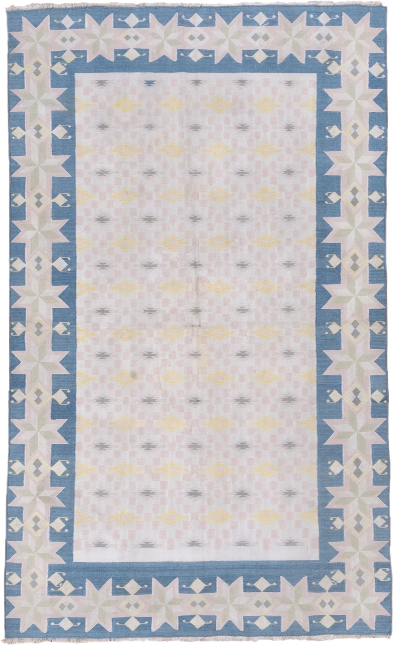 4' x 6' one-of-a-kind handmade vintage Cot Dhurrie small size rug. Color palette: blush, sky blue, ivory, pale yellow, gray