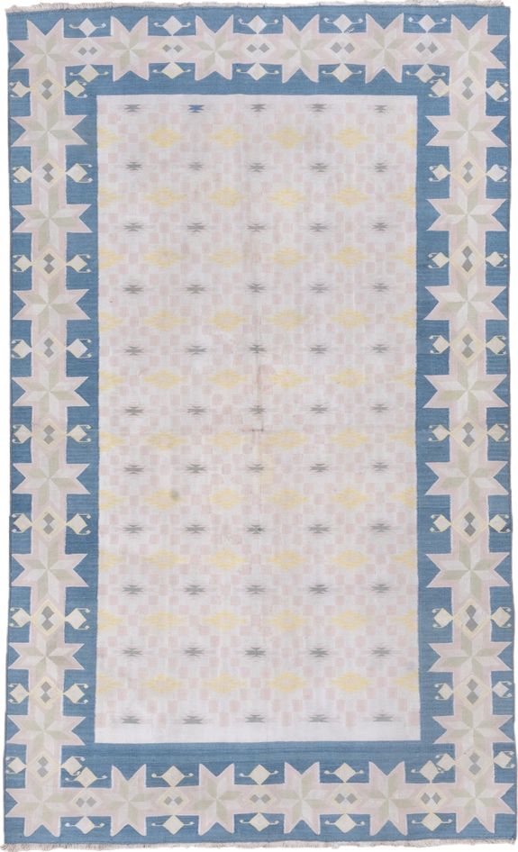 4' x 6' one-of-a-kind handmade vintage Cot Dhurrie small size rug. Color palette: blush, sky blue, ivory, pale yellow, gray