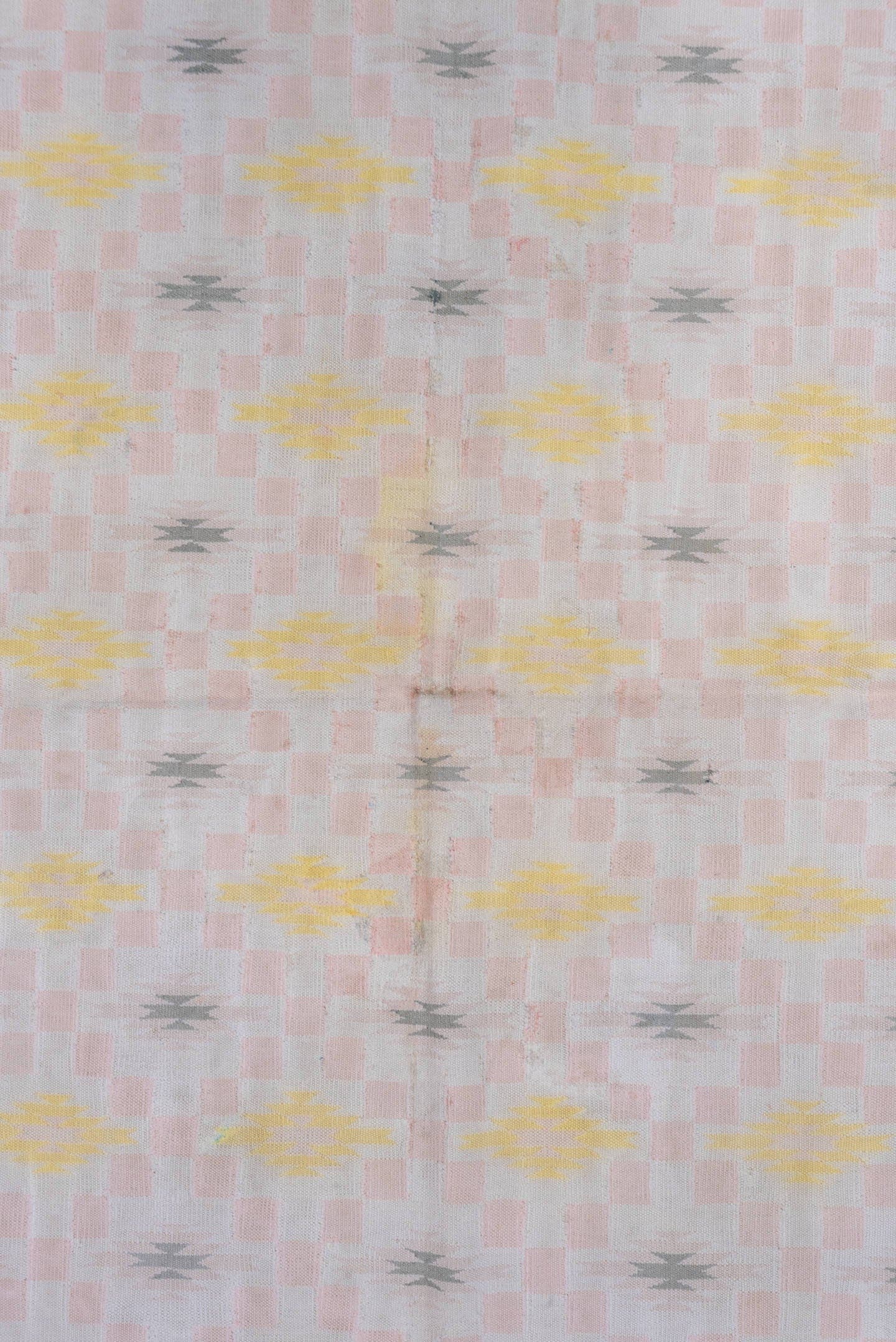 4' x 6' one-of-a-kind handmade vintage Cot Dhurrie small size rug. Color palette: blush, sky blue, ivory, pale yellow, gray