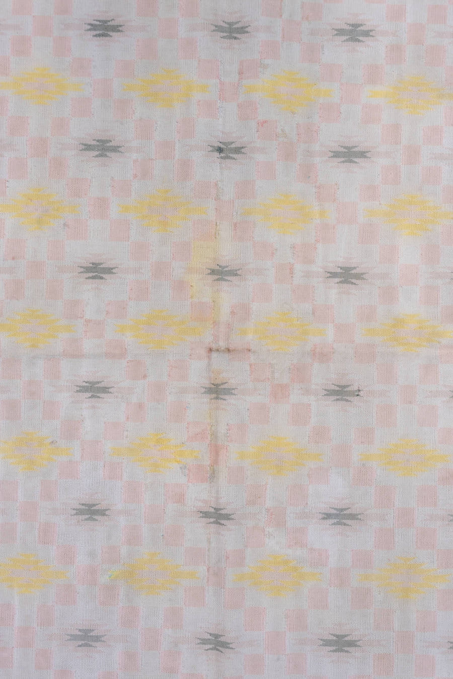 4' x 6' one-of-a-kind handmade vintage Cot Dhurrie small size rug. Color palette: blush, sky blue, ivory, pale yellow, gray