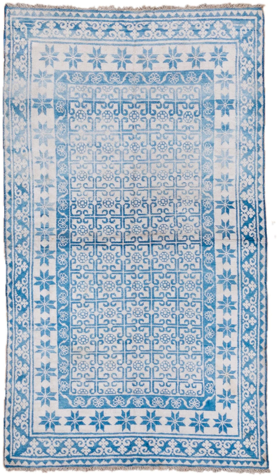 4' x 7' one-of-a-kind handmade vintage Cotton Agra rug. Color palette: ivory, sky blue, azure, slate blue, light blue