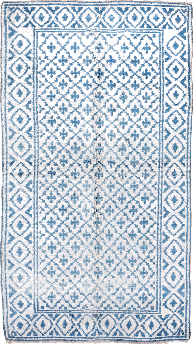 5' x 9' one-of-a-kind handmade vintage Cotton Agra medium size rug. Color palette: blue, dark gray, gainsboro, ghost white