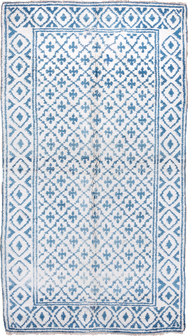 5' x 9' one-of-a-kind handmade vintage Cotton Agra medium size rug. Color palette: ivory, sky blue, powder blue, light blue