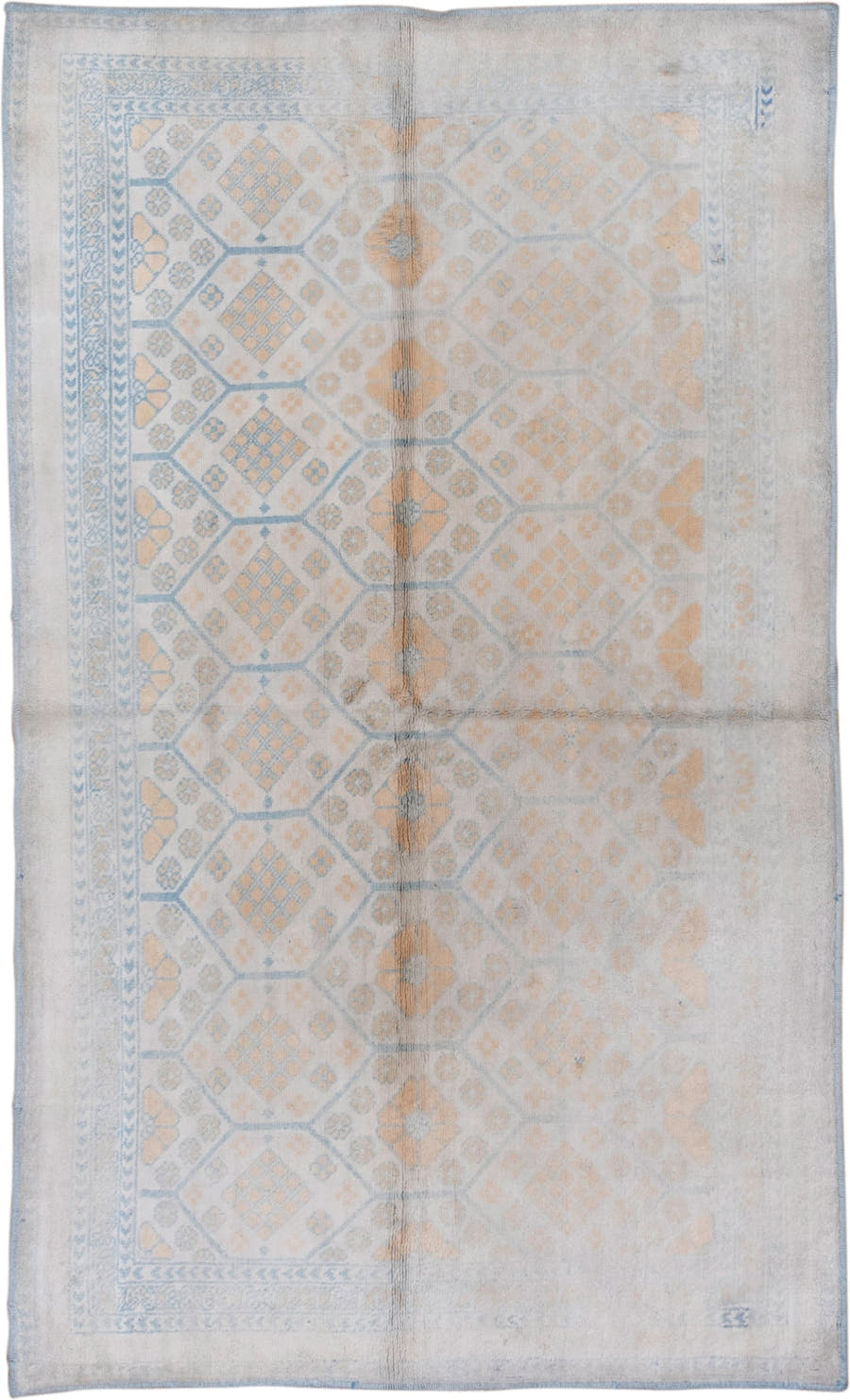 4' x 7' one-of-a-kind handmade vintage Cotton Agra rug. Color palette: ivory, pale blue, peach, sky blue, cream, taupe