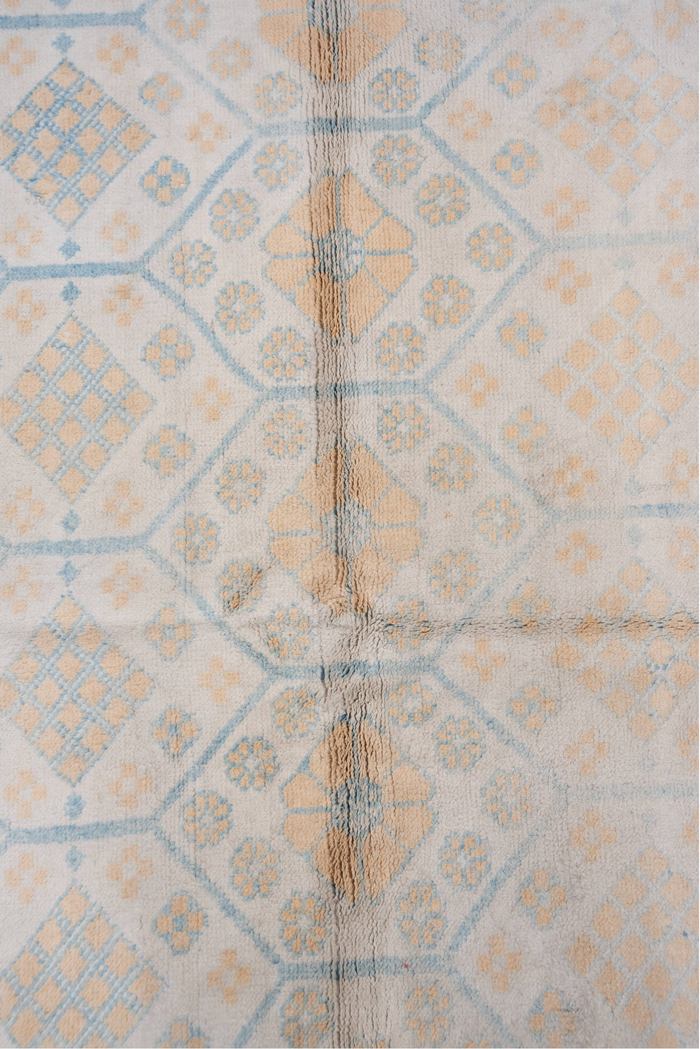 4' x 7' one-of-a-kind handmade vintage Cotton Agra rug. Color palette: ivory, pale blue, peach, sky blue, cream, taupe