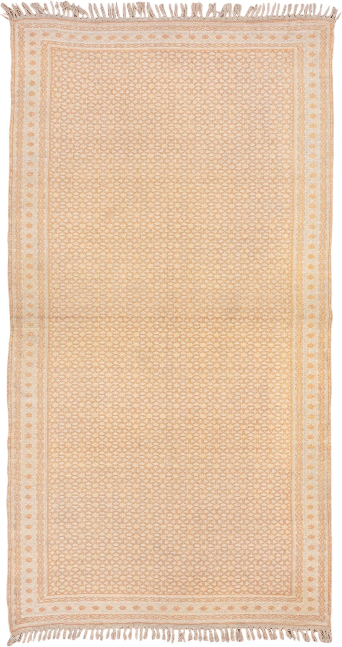 3' x 6' one-of-a-kind handmade vintage Dhurrie small size rug. Color palette: ivory, peach, cream, blush, sand, terracotta
