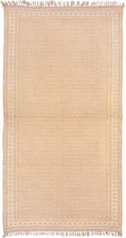3' x 6' one-of-a-kind handmade vintage Dhurrie small size rug. Color palette: ivory, peach, cream, blush, sand, terracotta