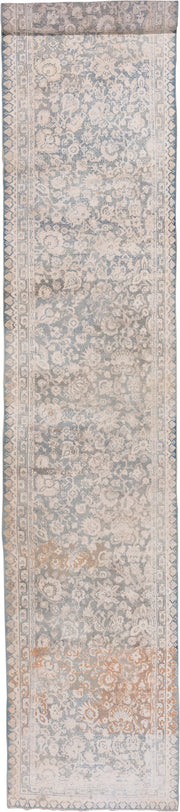 3' x 19' one-of-a-kind handmade antique Cotton Agra runner rug. Color palette: ivory, pale blue, taupe, rust, beige, slate