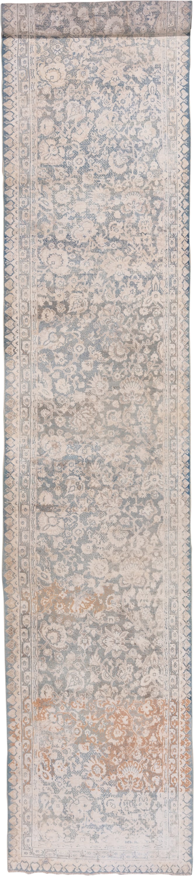 3' x 19' one-of-a-kind handmade antique Cotton Agra runner rug. Color palette: ivory, pale blue, taupe, rust, beige, slate