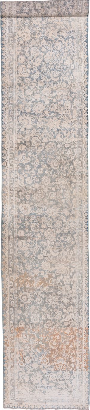 3' x 19' one-of-a-kind handmade antique Cotton Agra runner rug. Color palette: ivory, pale blue, taupe, rust, beige, slate