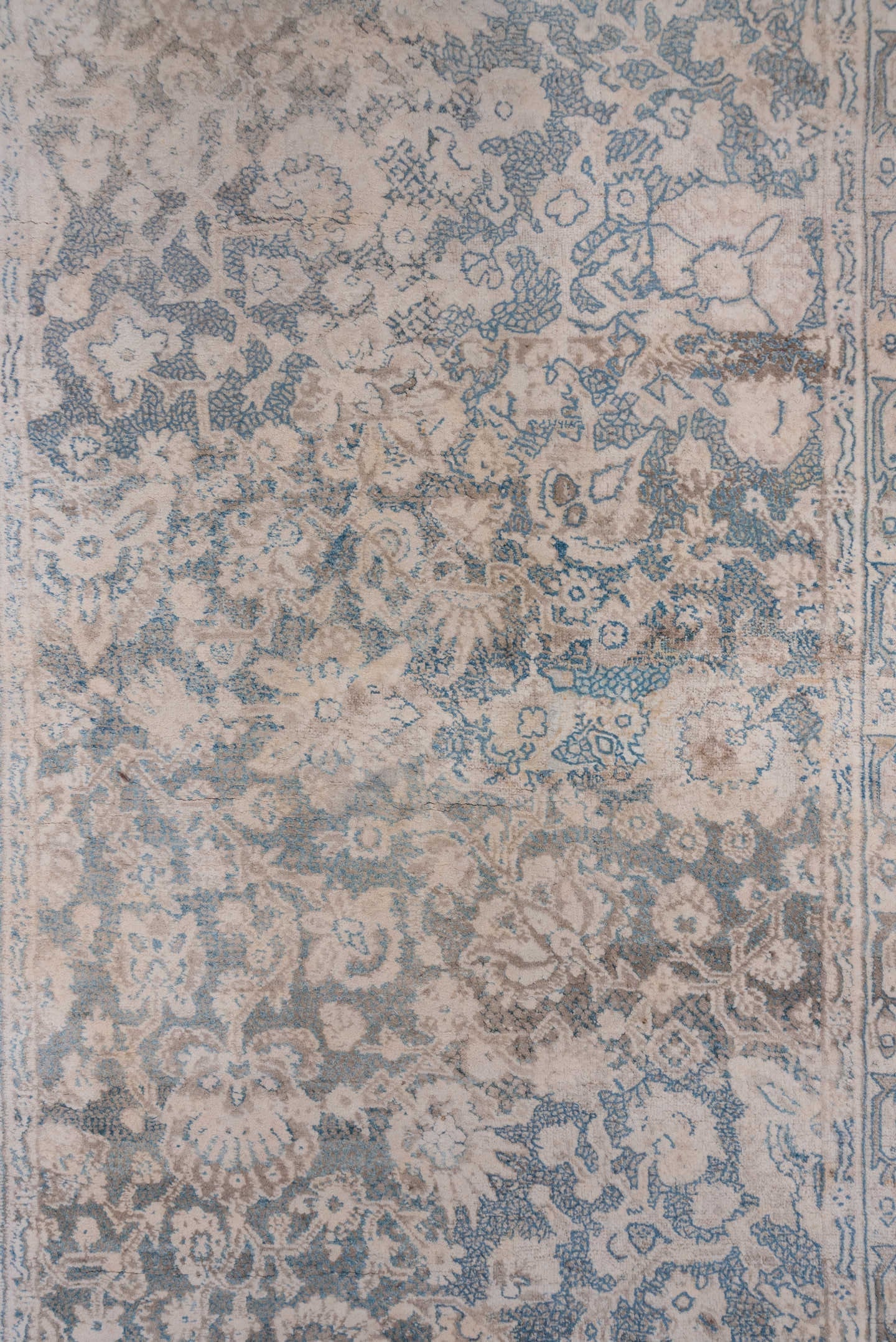 3' x 19' one-of-a-kind handmade antique Cotton Agra runner rug. Color palette: ivory, pale blue, taupe, rust, beige, slate