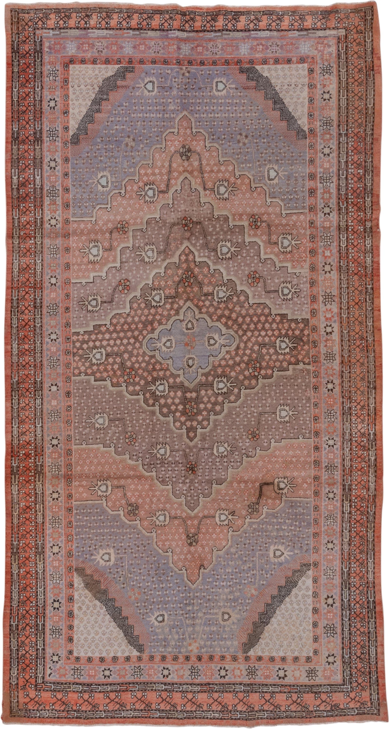 5' x 10' one-of-a-kind handmade vintage Khotan medium size rug. Color palette: rose, taupe, lavender, terra cotta, ivory
