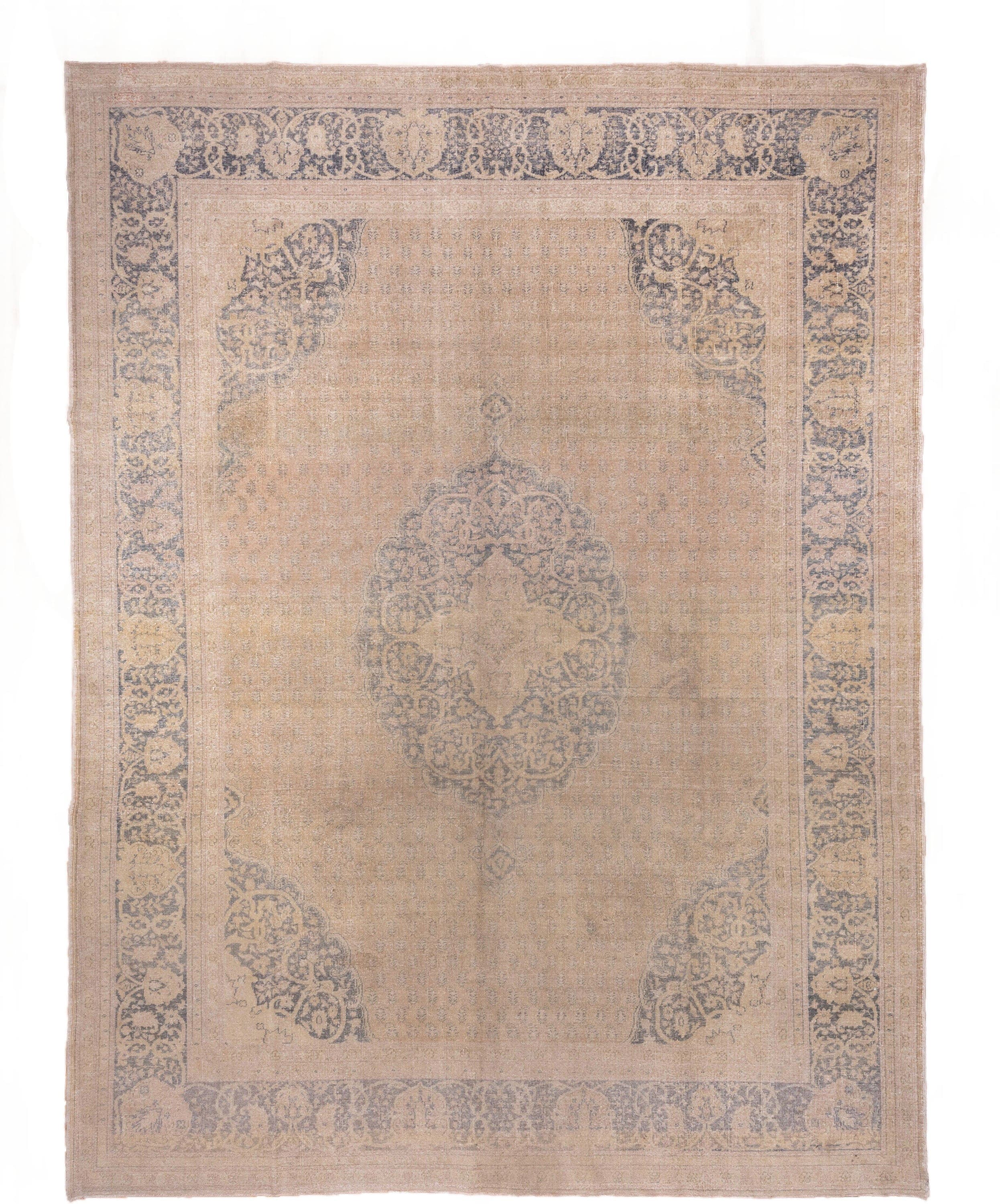 10' x 13' one-of-a-kind handmade antique Oushak large size rug. Color palette: beige, blush, taupe, slate, ivory, camel