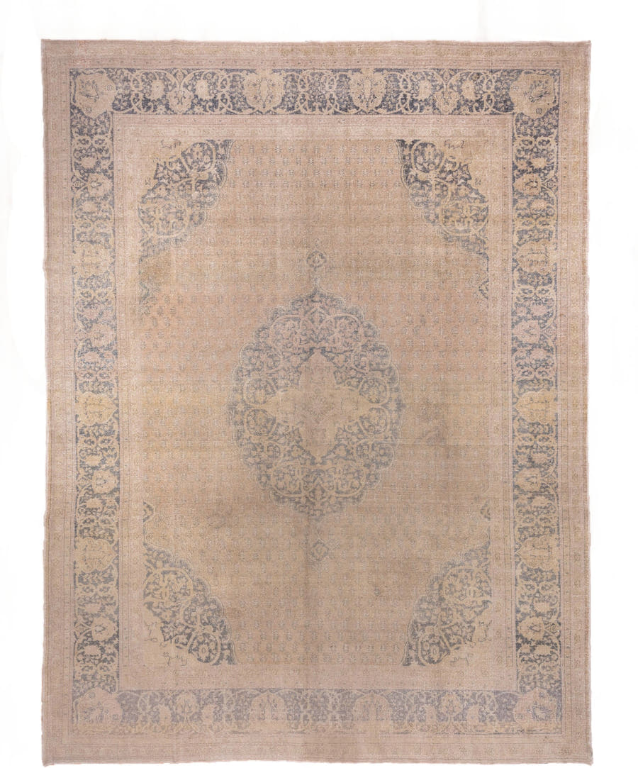 10' x 13' one-of-a-kind handmade antique Oushak large size rug. Color palette: beige, blush, taupe, slate, ivory, camel