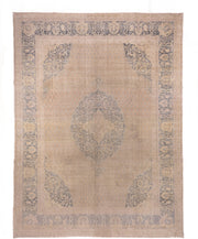 10' x 13' one-of-a-kind handmade antique Oushak large size rug. Color palette: beige, blush, taupe, slate, ivory, camel