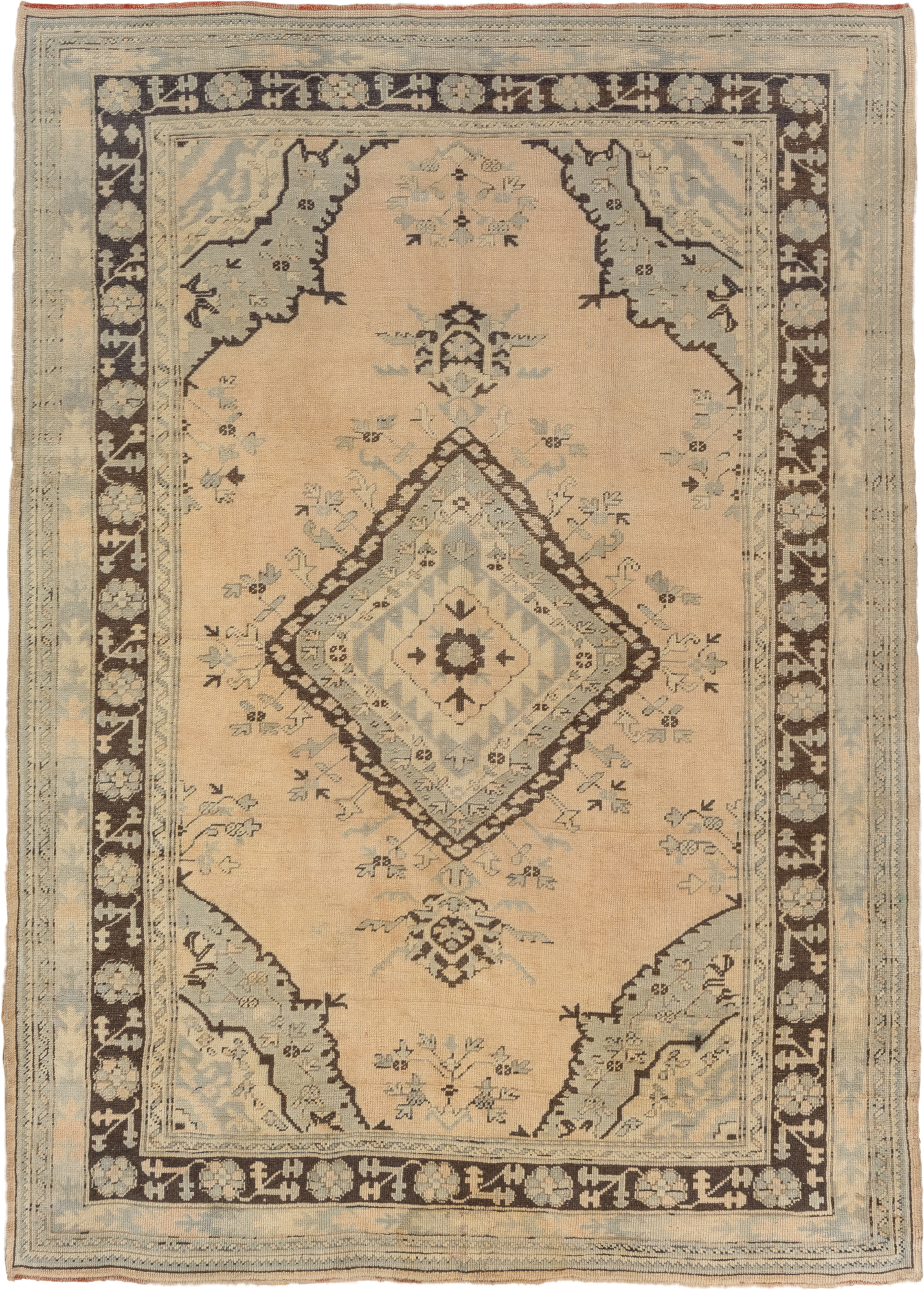 6' x 9' one-of-a-kind handmade vintage Oushak medium size rug. Color palette: ivory, pale blue, brown, taupe, cream