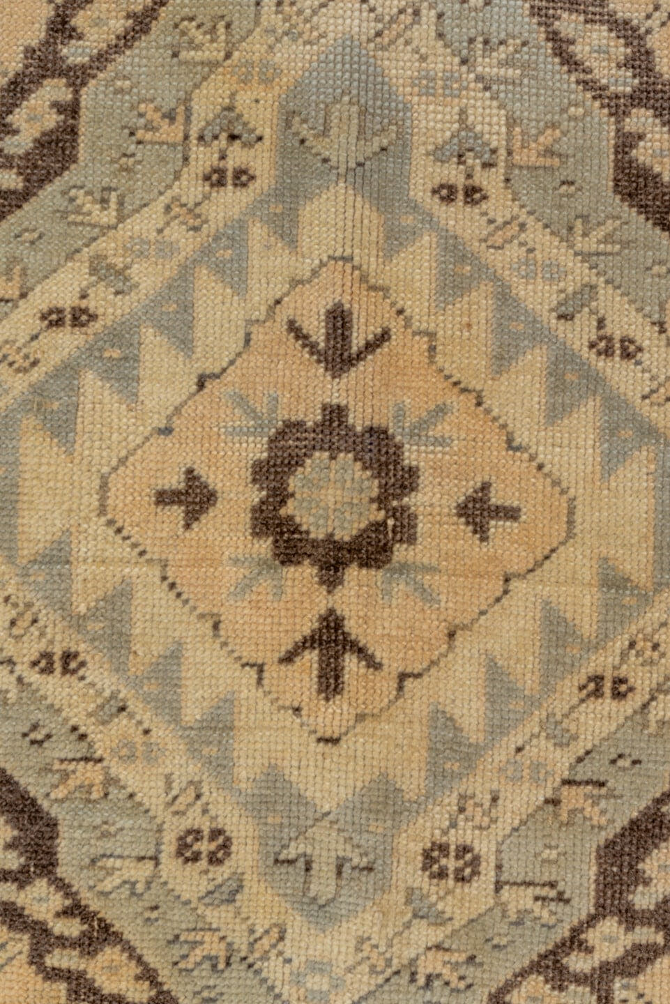6' x 9' one-of-a-kind handmade vintage Oushak medium size rug. Color palette: ivory, pale blue, brown, taupe, cream
